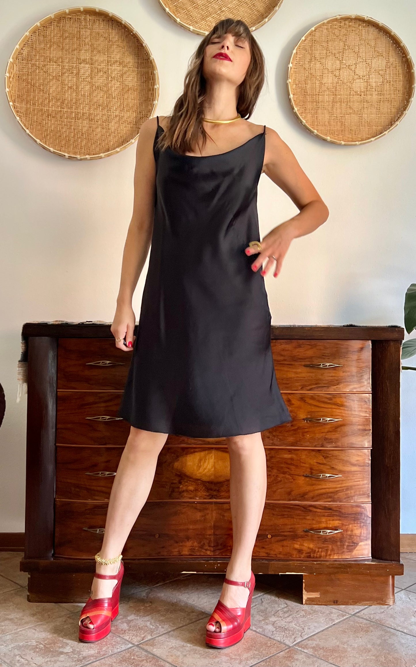 1990's vintage black satin cowl neck midi dress