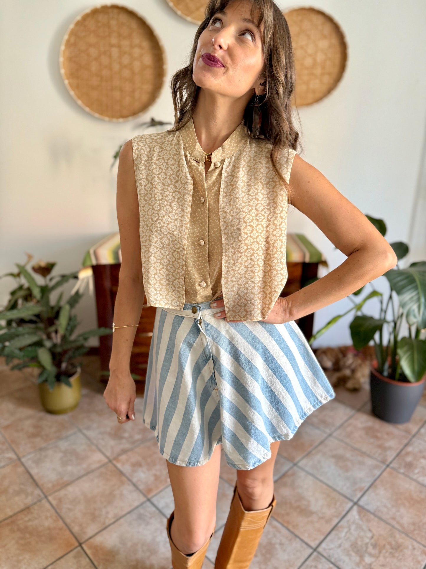1990's vintage double lay beige and cream silk floral print blouse