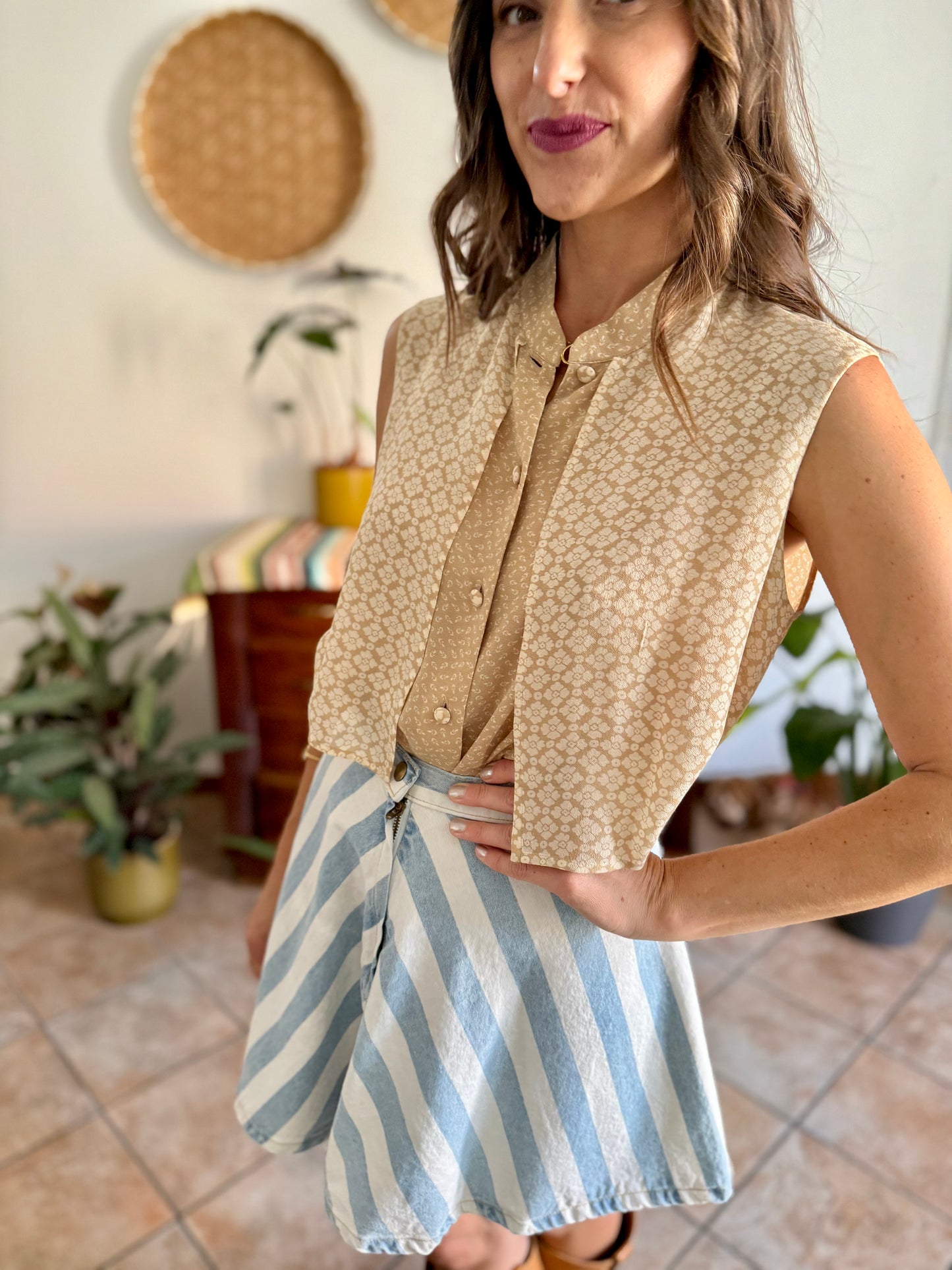 1990's vintage double lay beige and cream silk floral print blouse