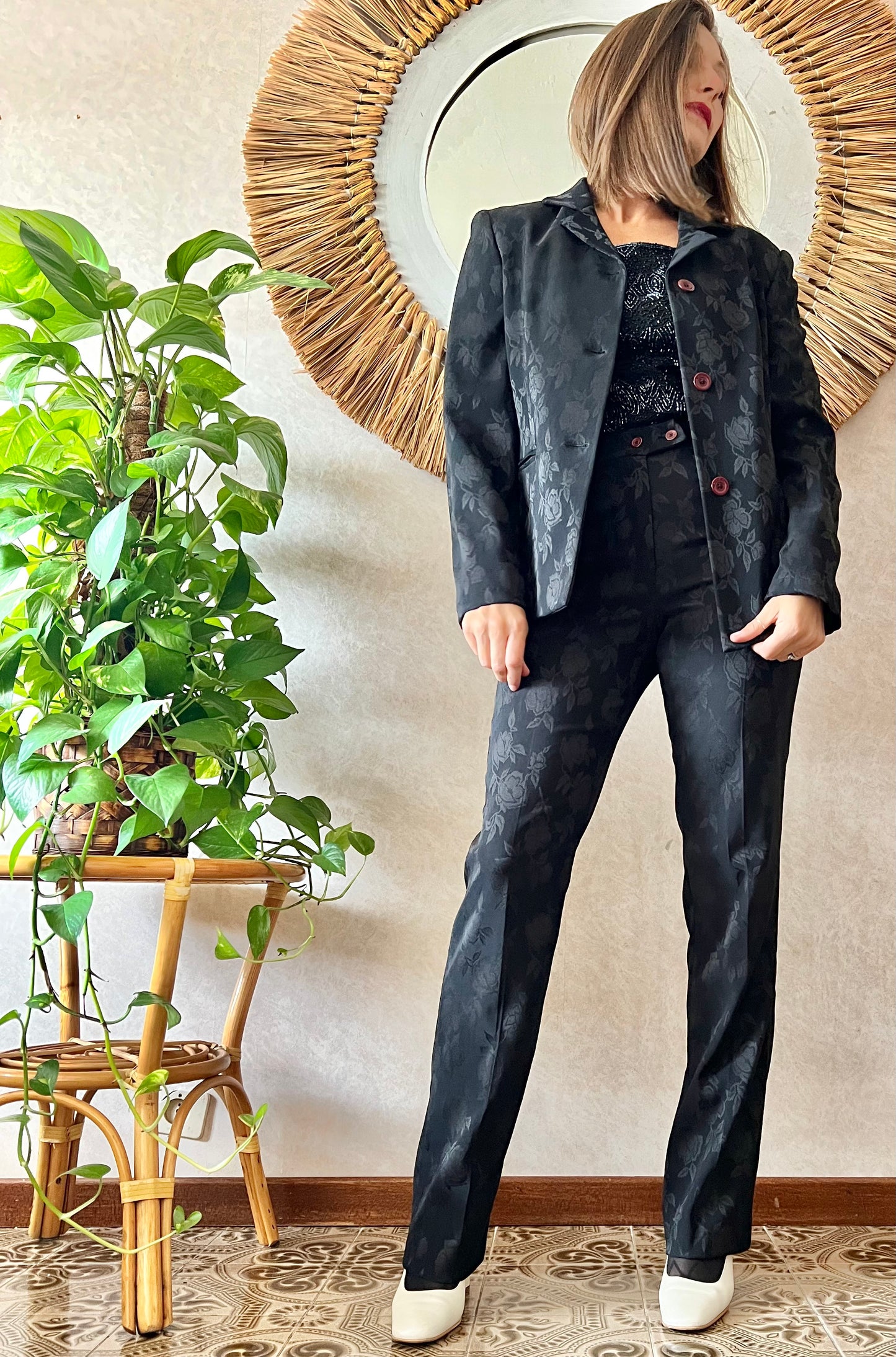 1990's vintage black floral pant suit