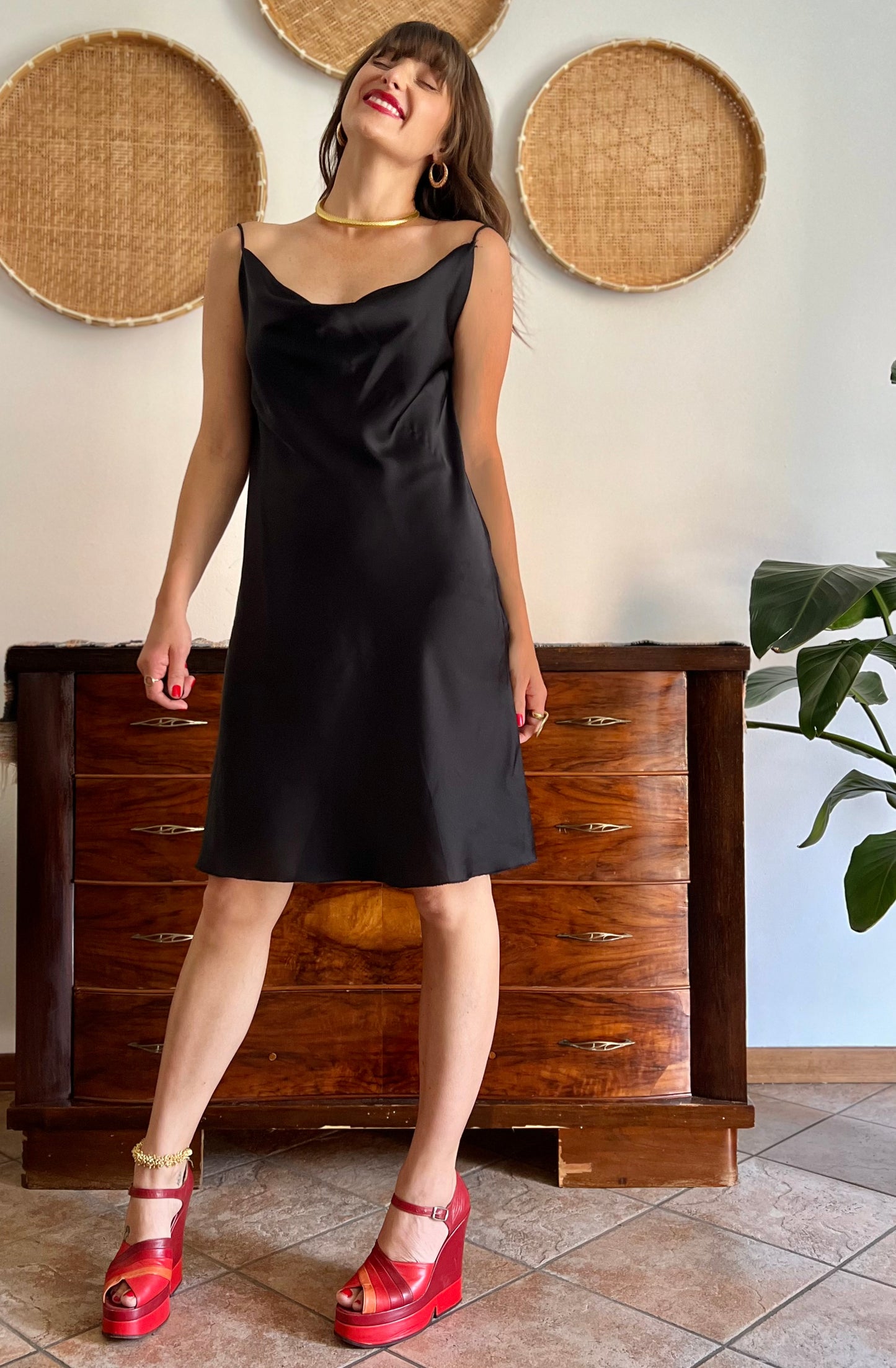 1990's vintage black satin cowl neck midi dress