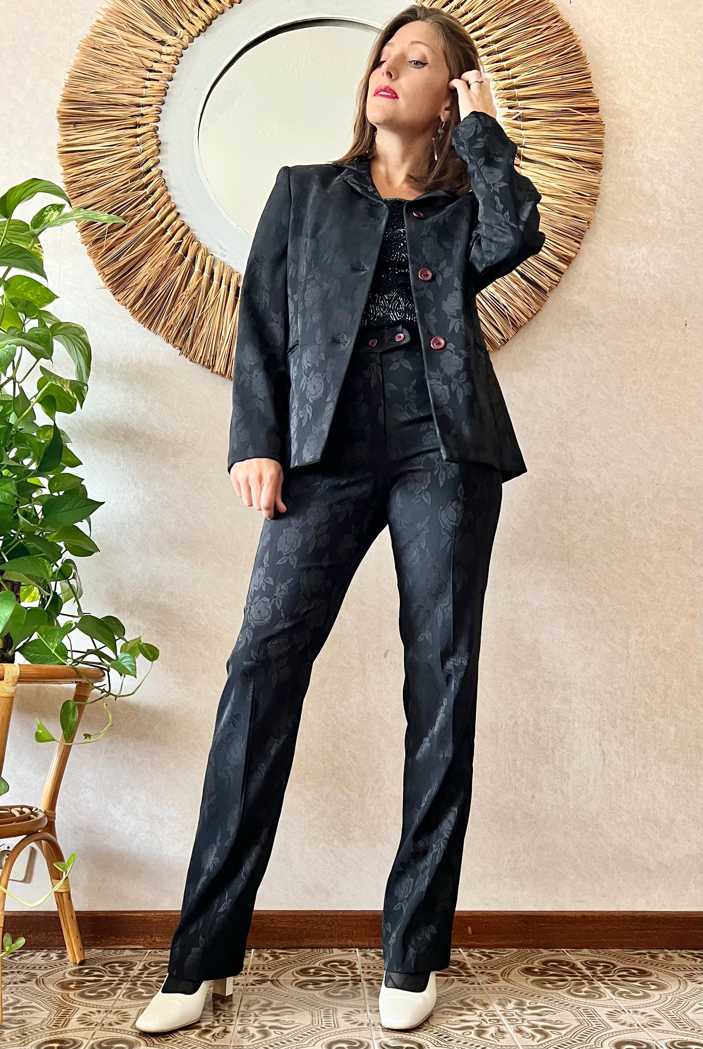 1990's vintage black floral pant suit