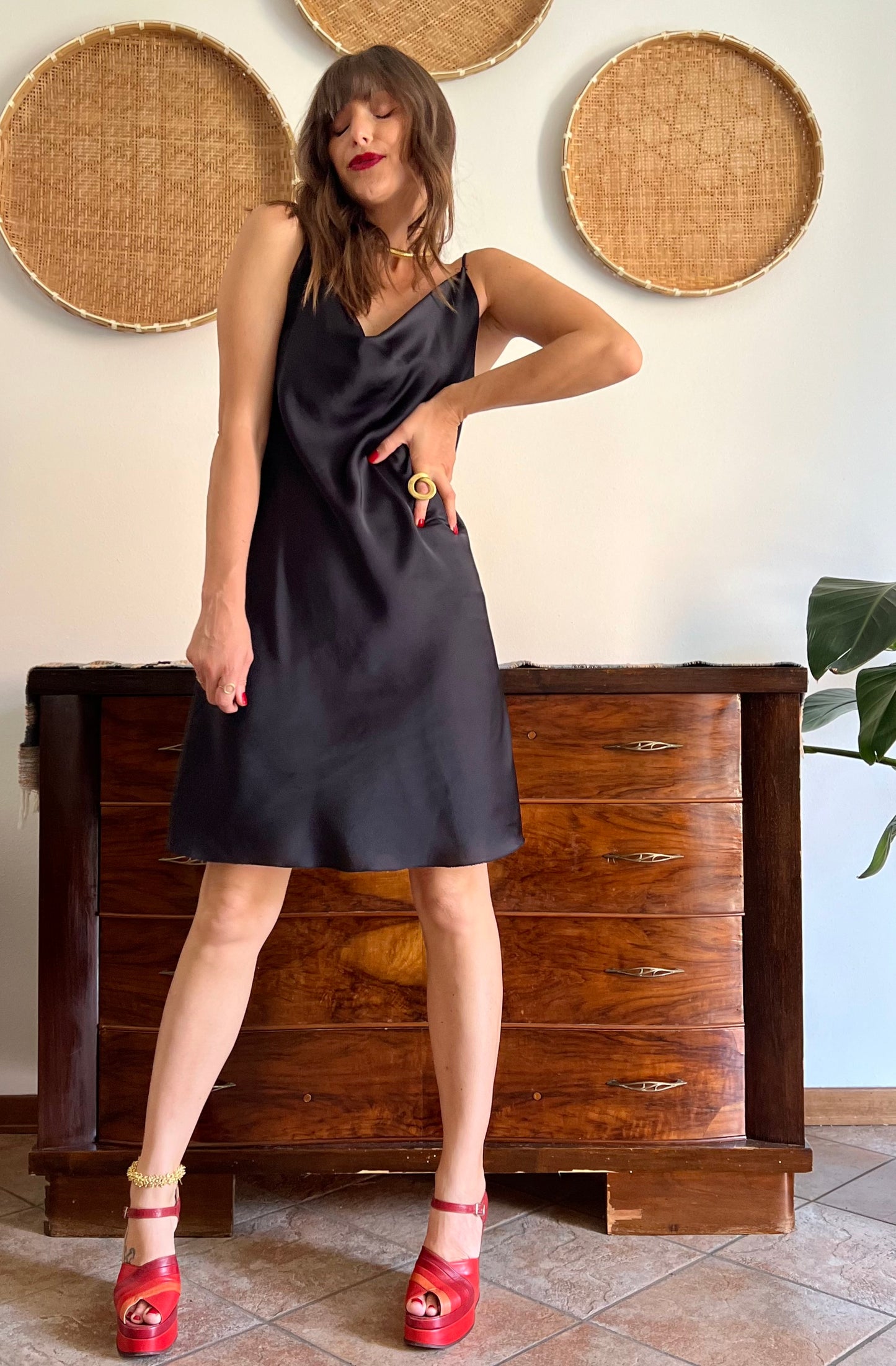 1990's vintage black satin cowl neck midi dress
