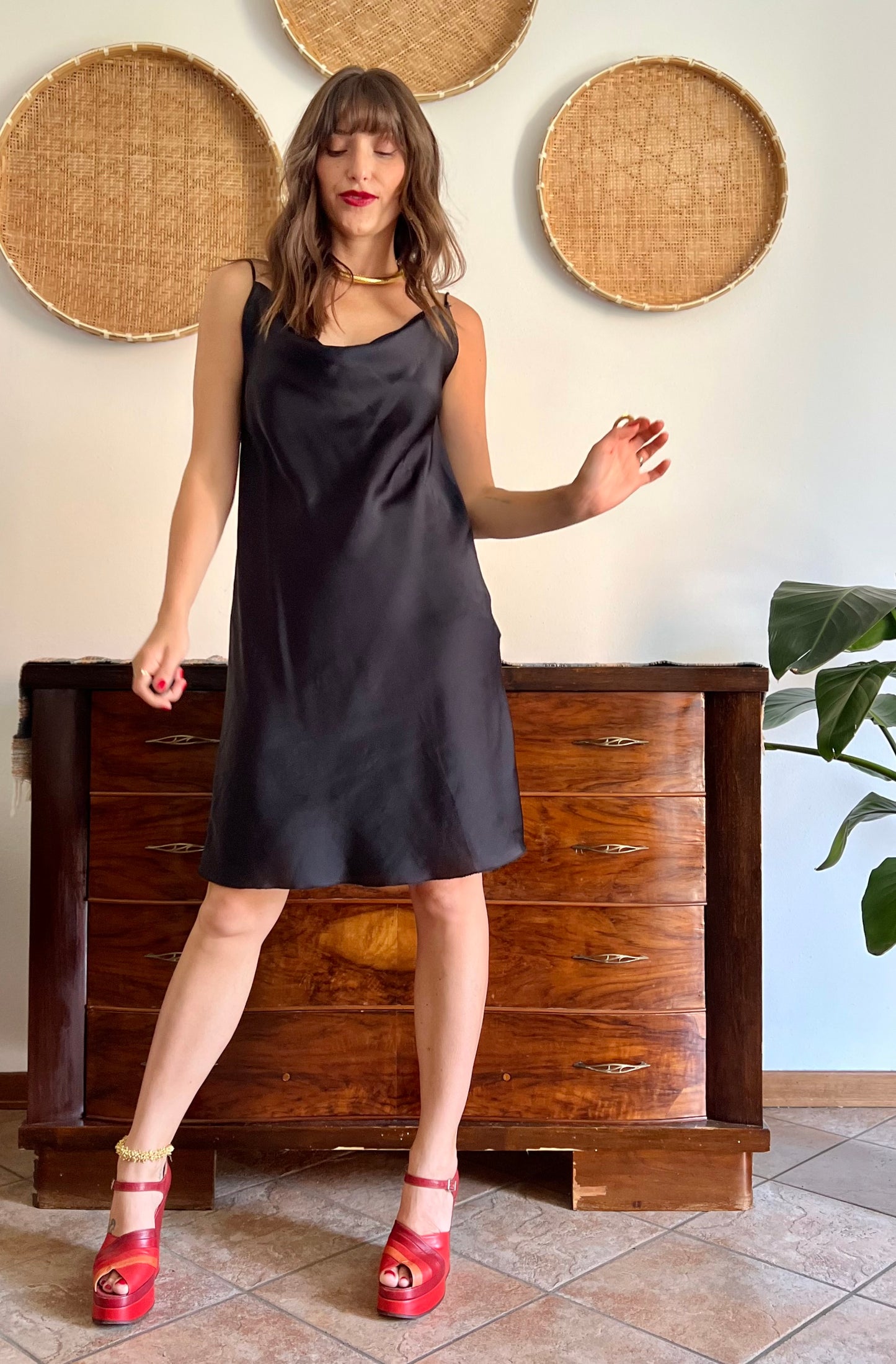 1990's vintage black satin cowl neck midi dress