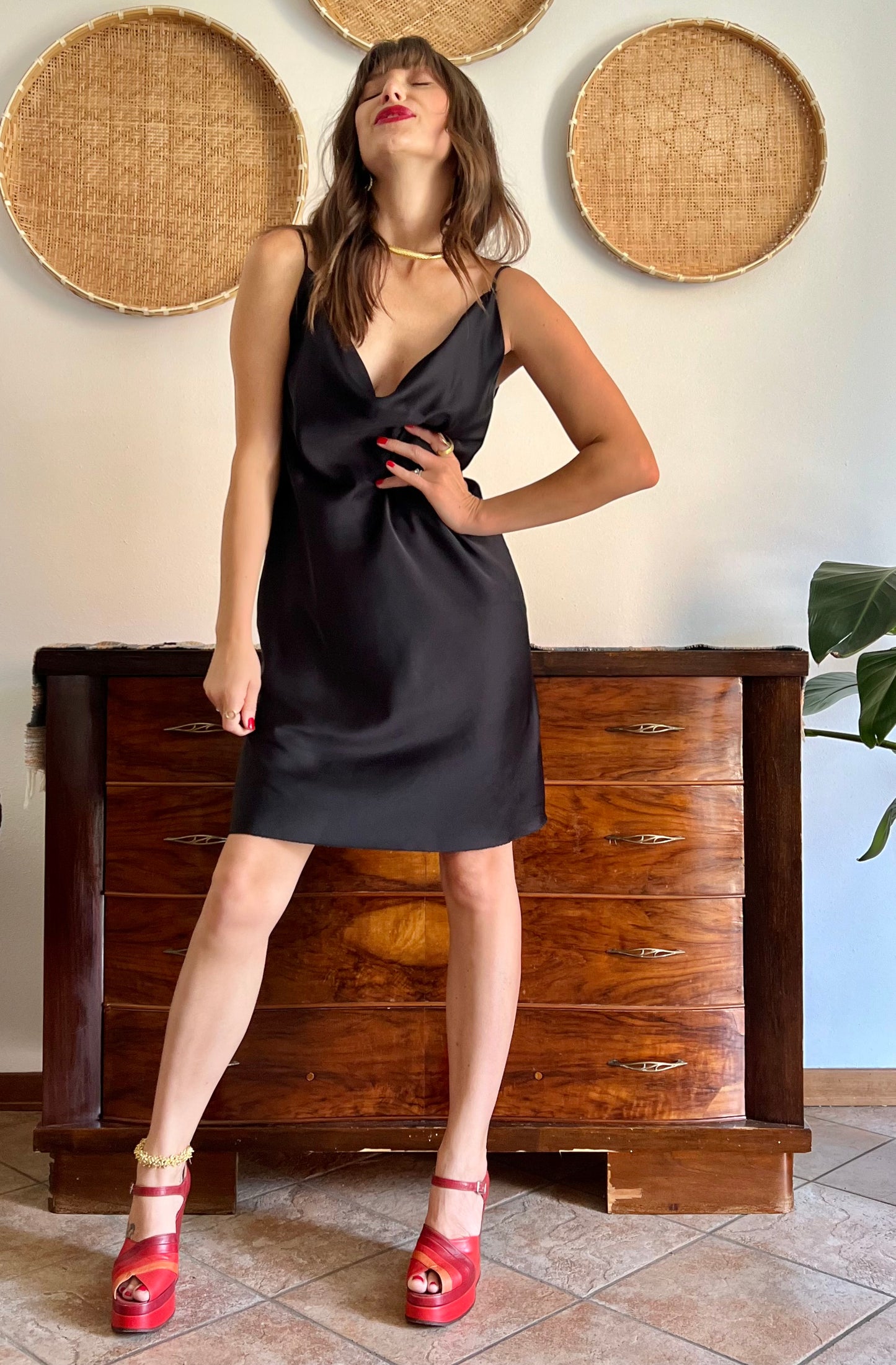 1990's vintage black satin cowl neck midi dress