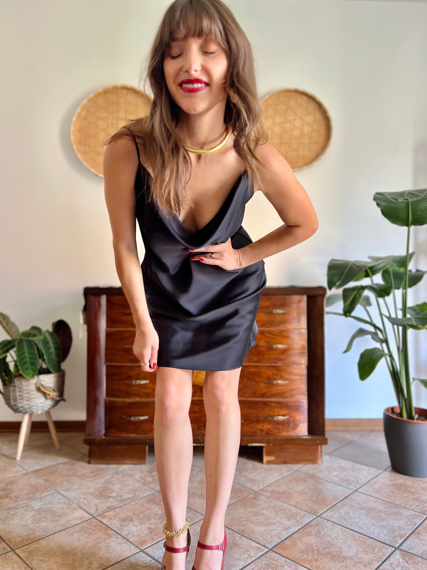 1990's vintage black satin cowl neck midi dress