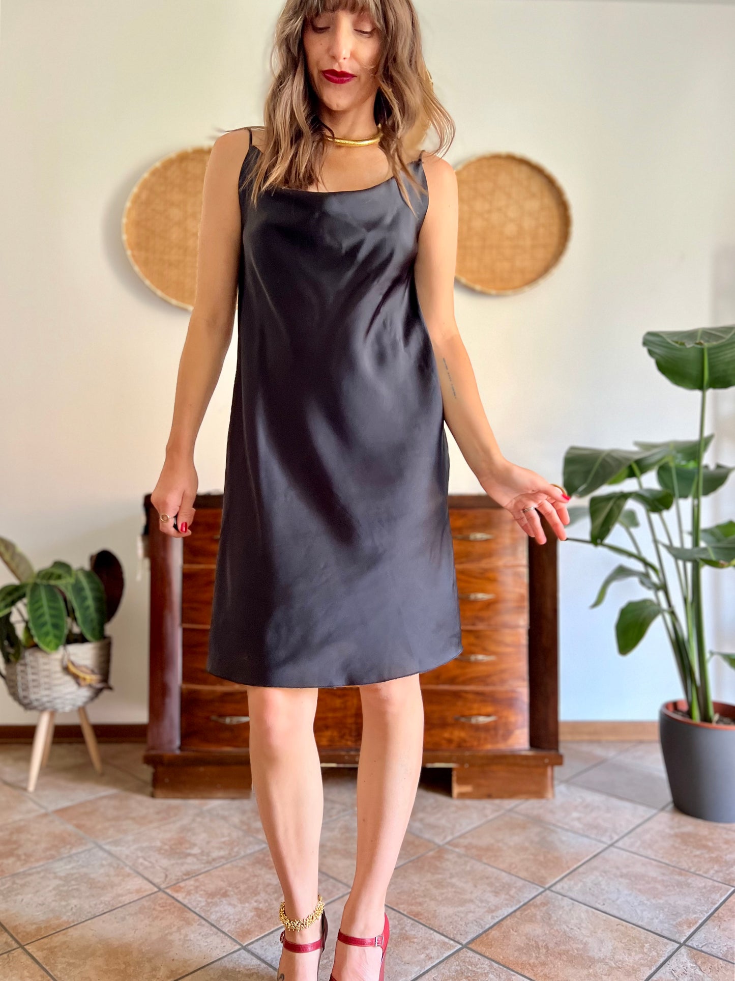 1990's vintage black satin cowl neck midi dress