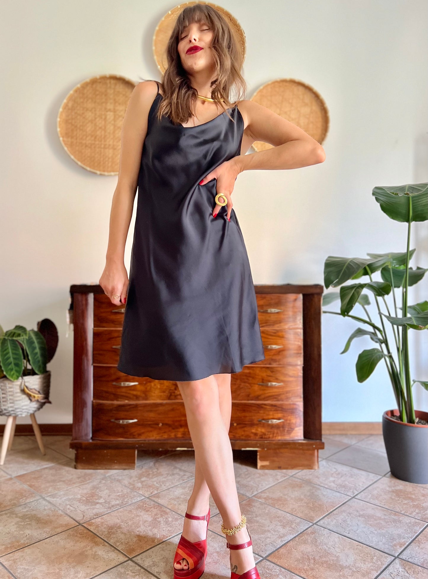 1990's vintage black satin cowl neck midi dress