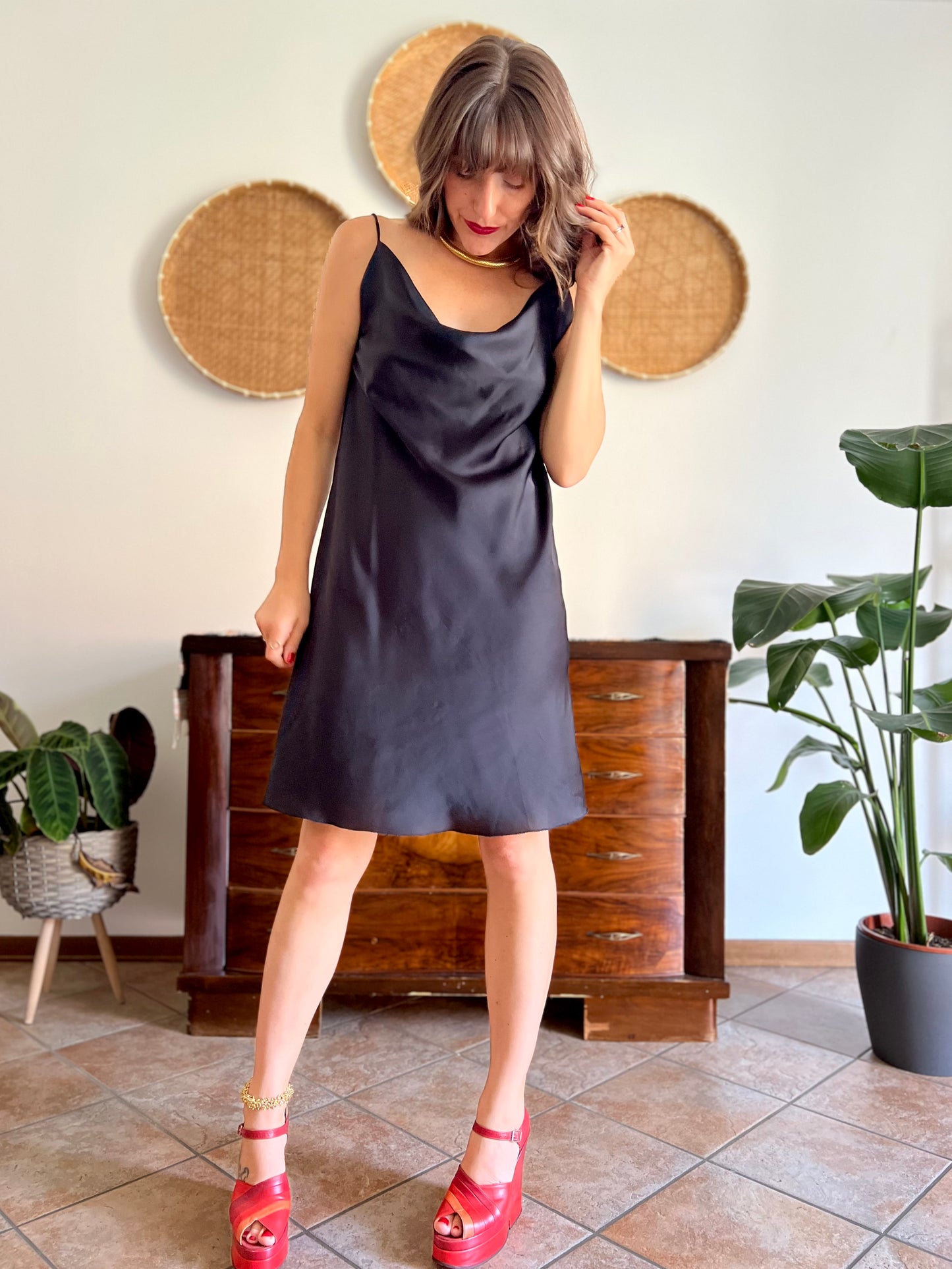 1990's vintage black satin cowl neck midi dress