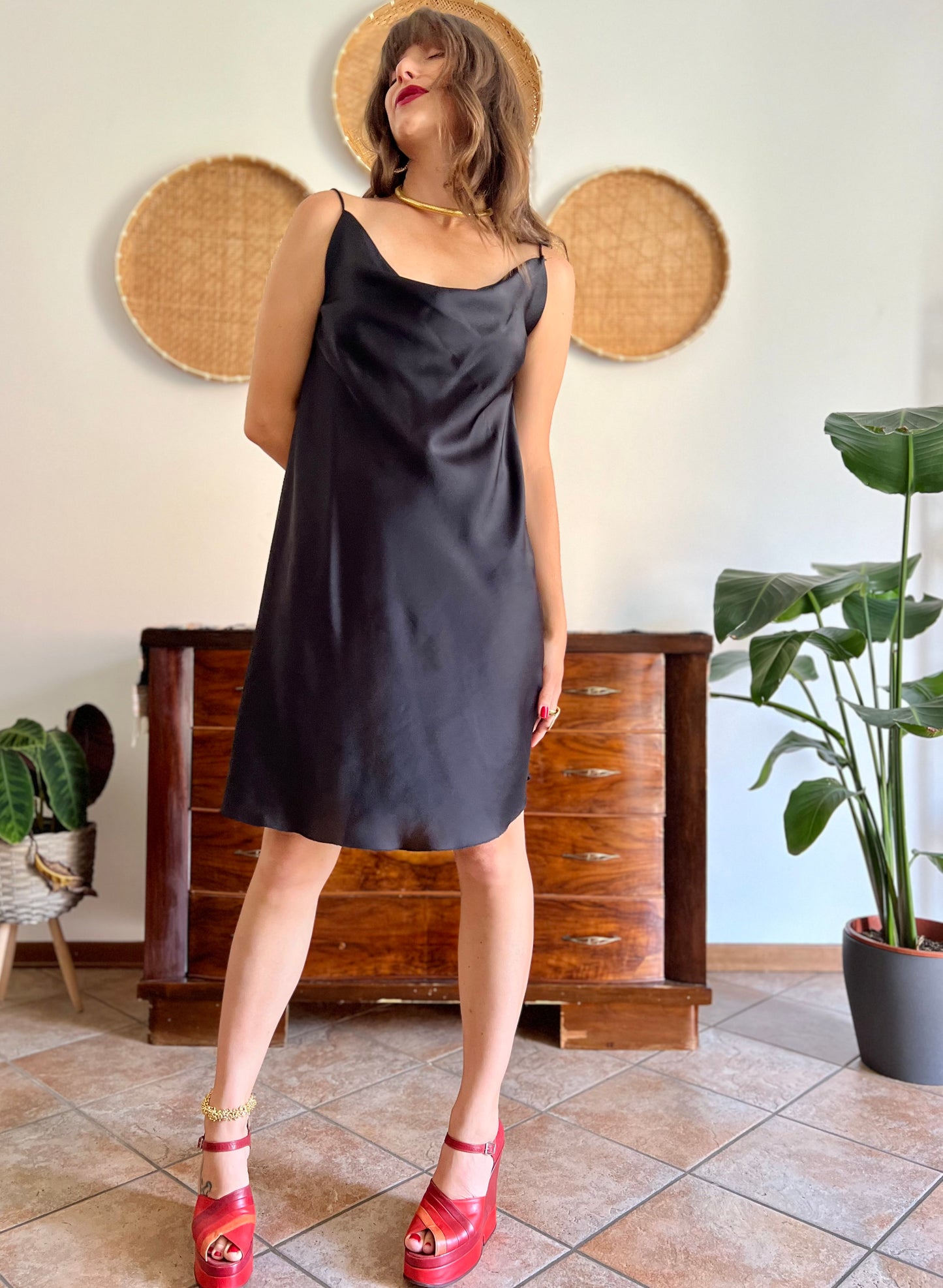 1990's vintage black satin cowl neck midi dress