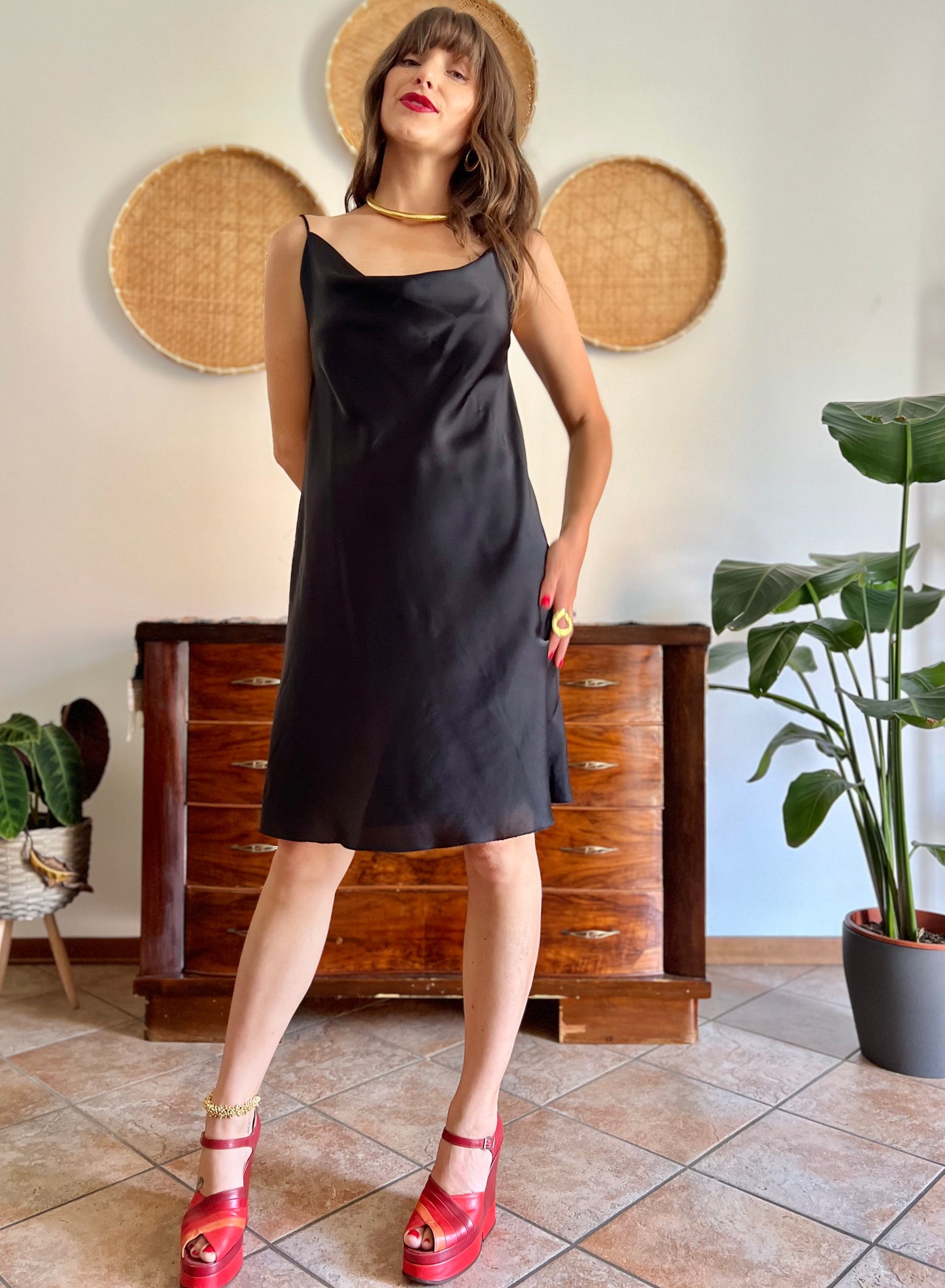 1990's vintage black satin cowl neck midi dress