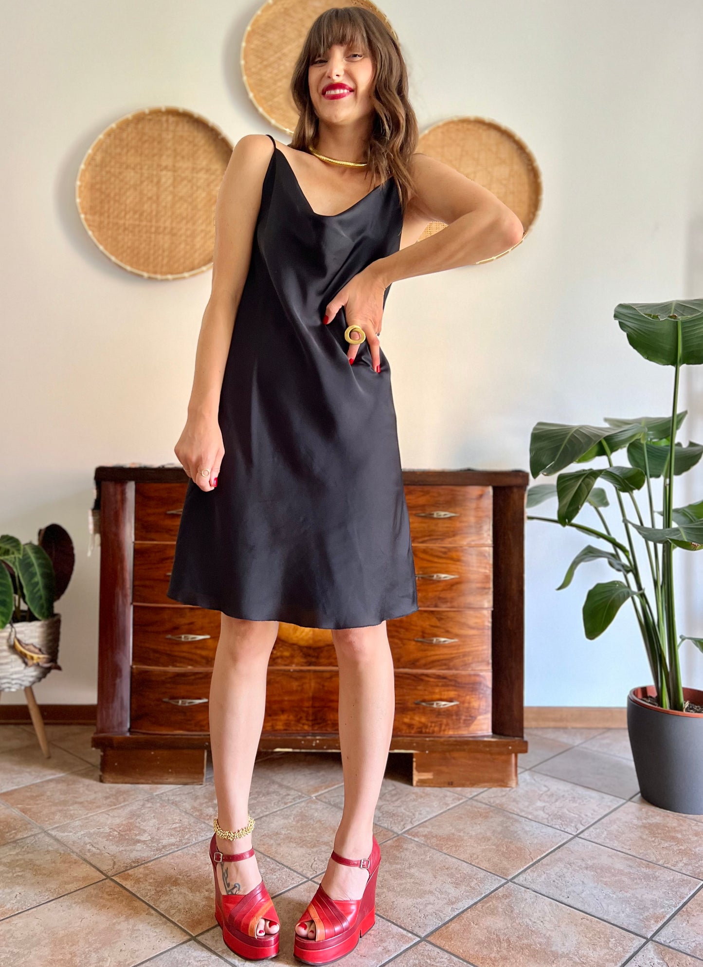 1990's vintage black satin cowl neck midi dress