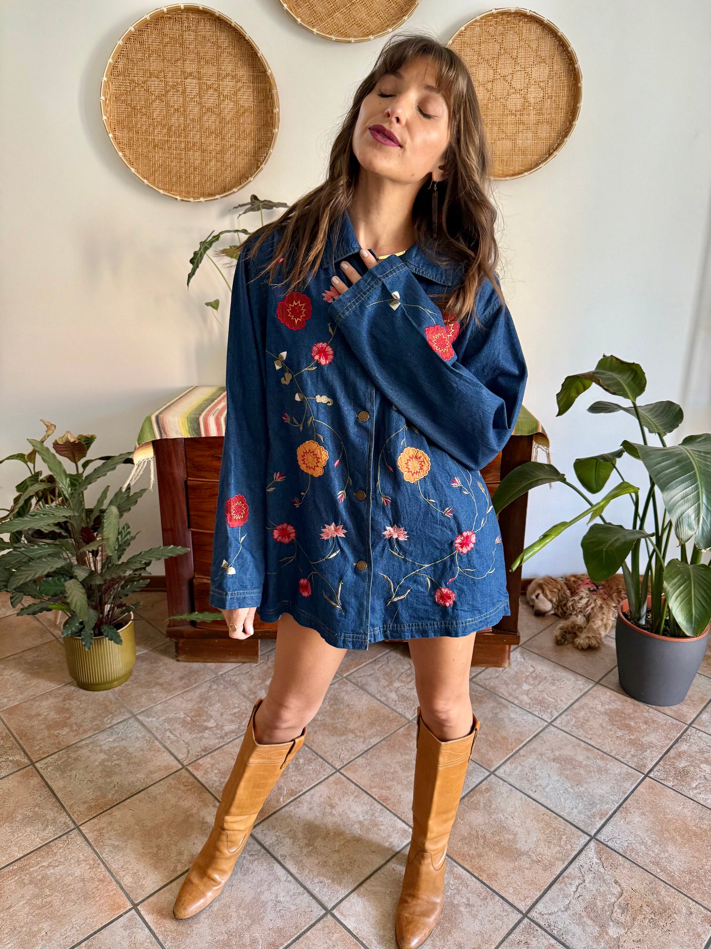 1990's vintage true blue button down denim mini dress with pink and burgundy floral embroidery