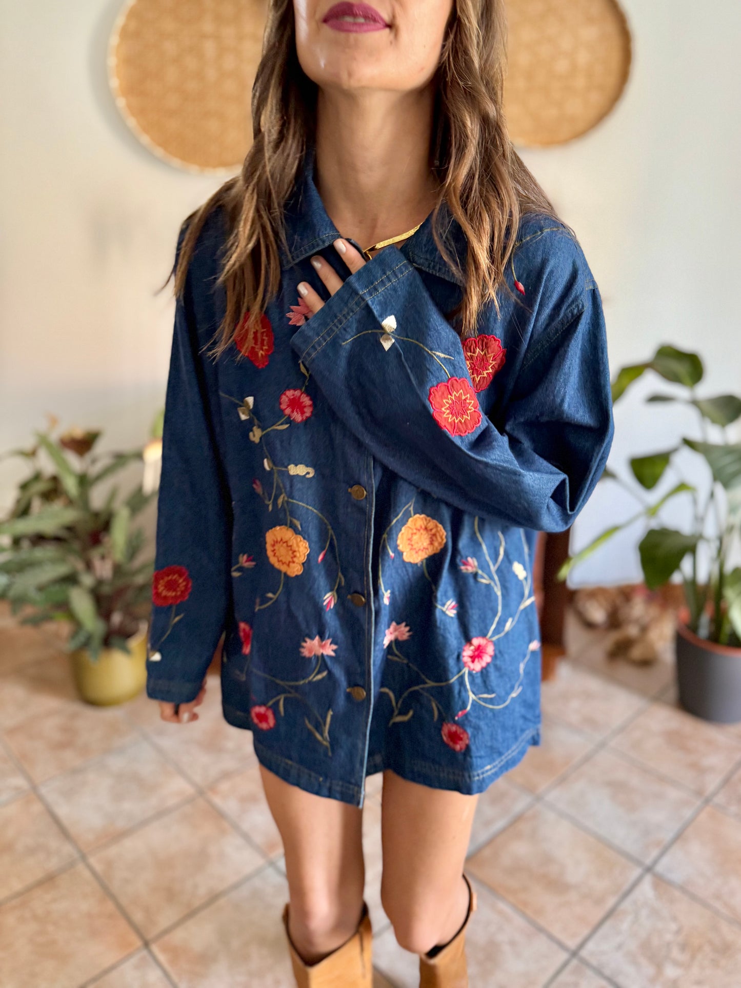 1990's vintage true blue button down denim mini dress with pink and burgundy floral embroidery