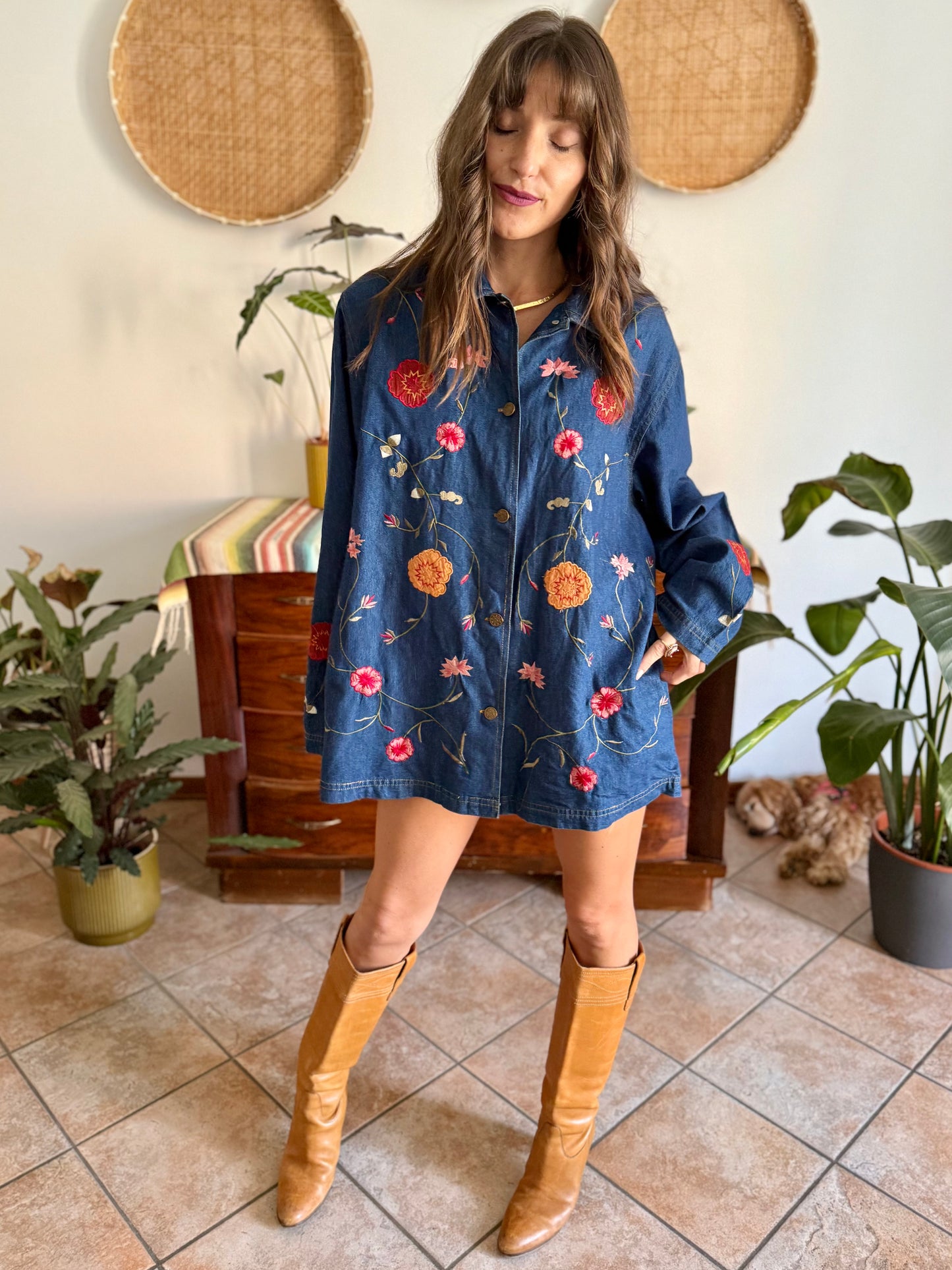 1990's vintage true blue button down denim mini dress with pink and burgundy floral embroidery