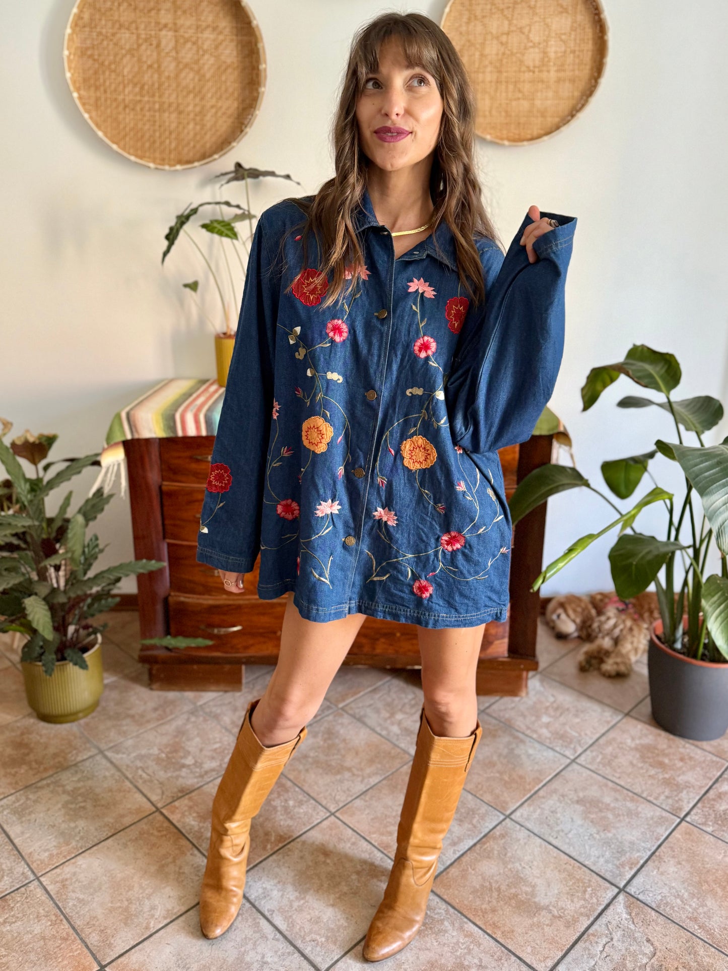 1990's vintage true blue button down denim mini dress with pink and burgundy floral embroidery