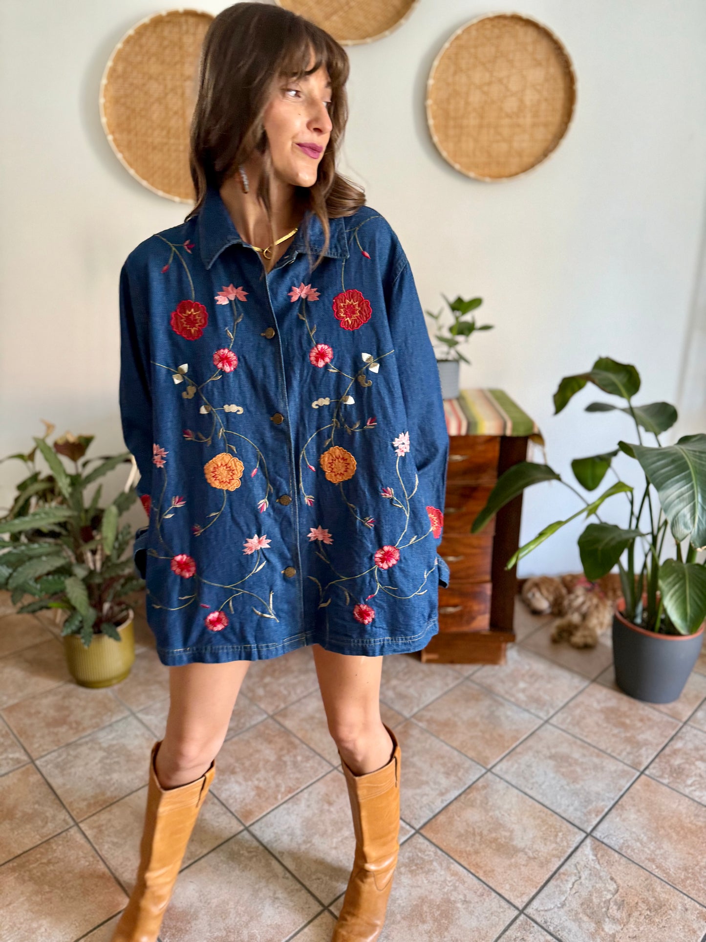 1990's vintage true blue button down denim mini dress with pink and burgundy floral embroidery