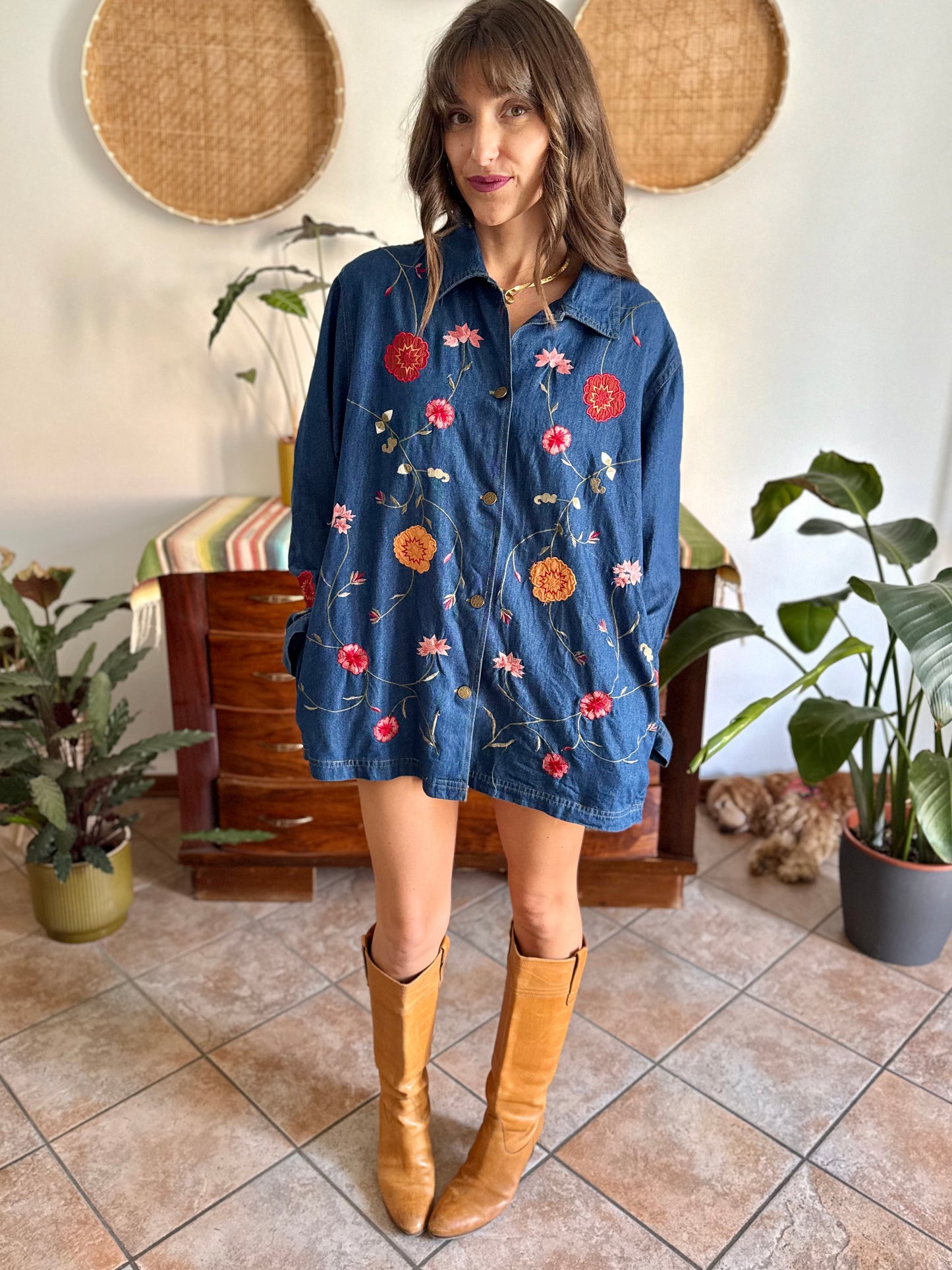 1990's vintage true blue button down denim mini dress with pink and burgundy floral embroidery