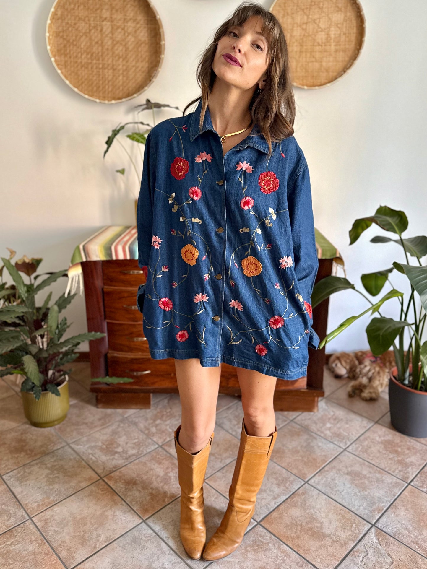 1990's vintage true blue button down denim mini dress with pink and burgundy floral embroidery