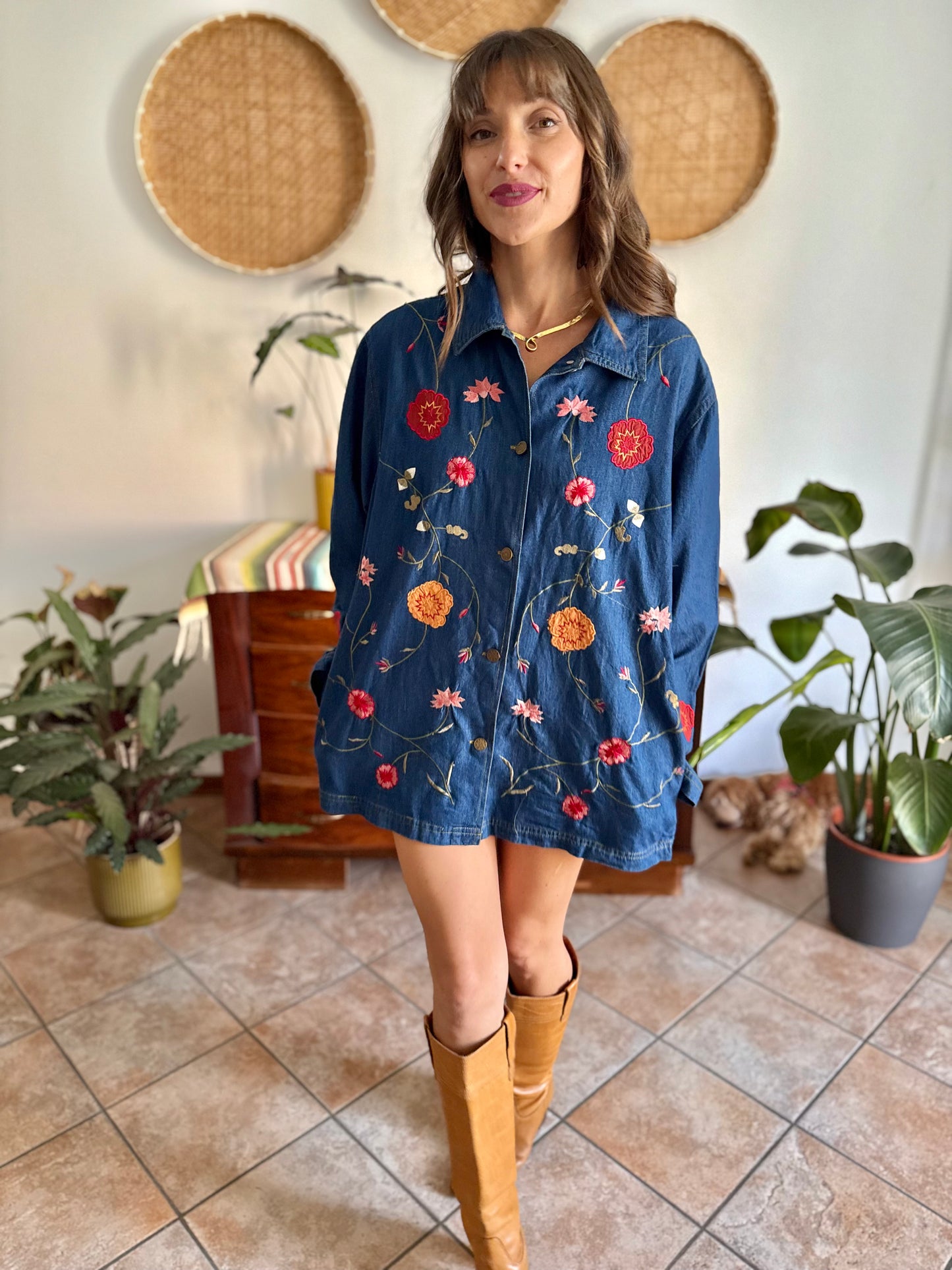 1990's vintage true blue button down denim mini dress with pink and burgundy floral embroidery