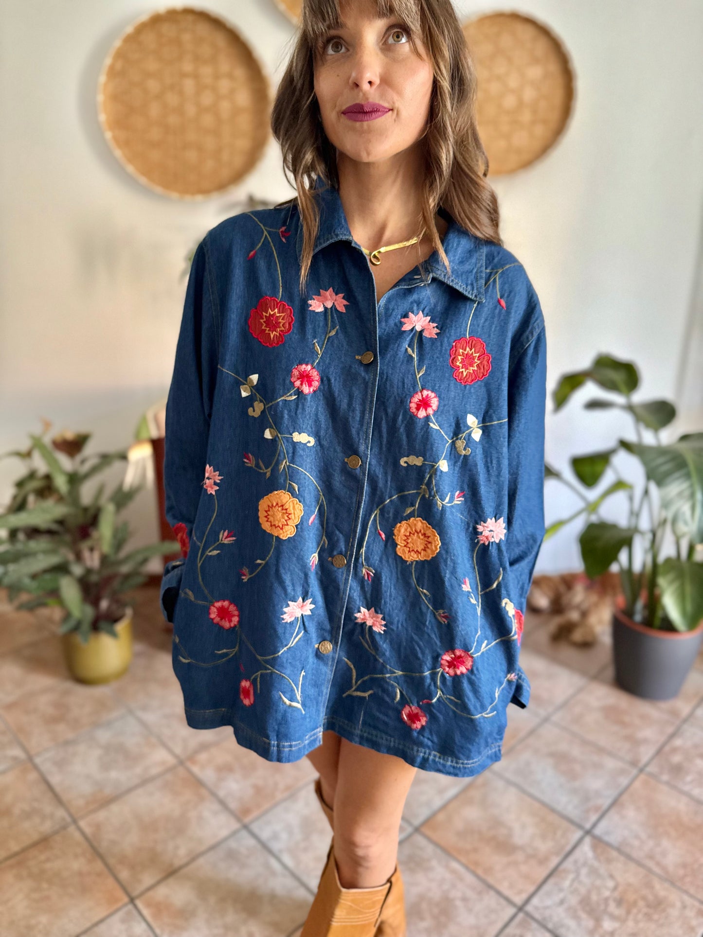 1990's vintage true blue button down denim mini dress with pink and burgundy floral embroidery
