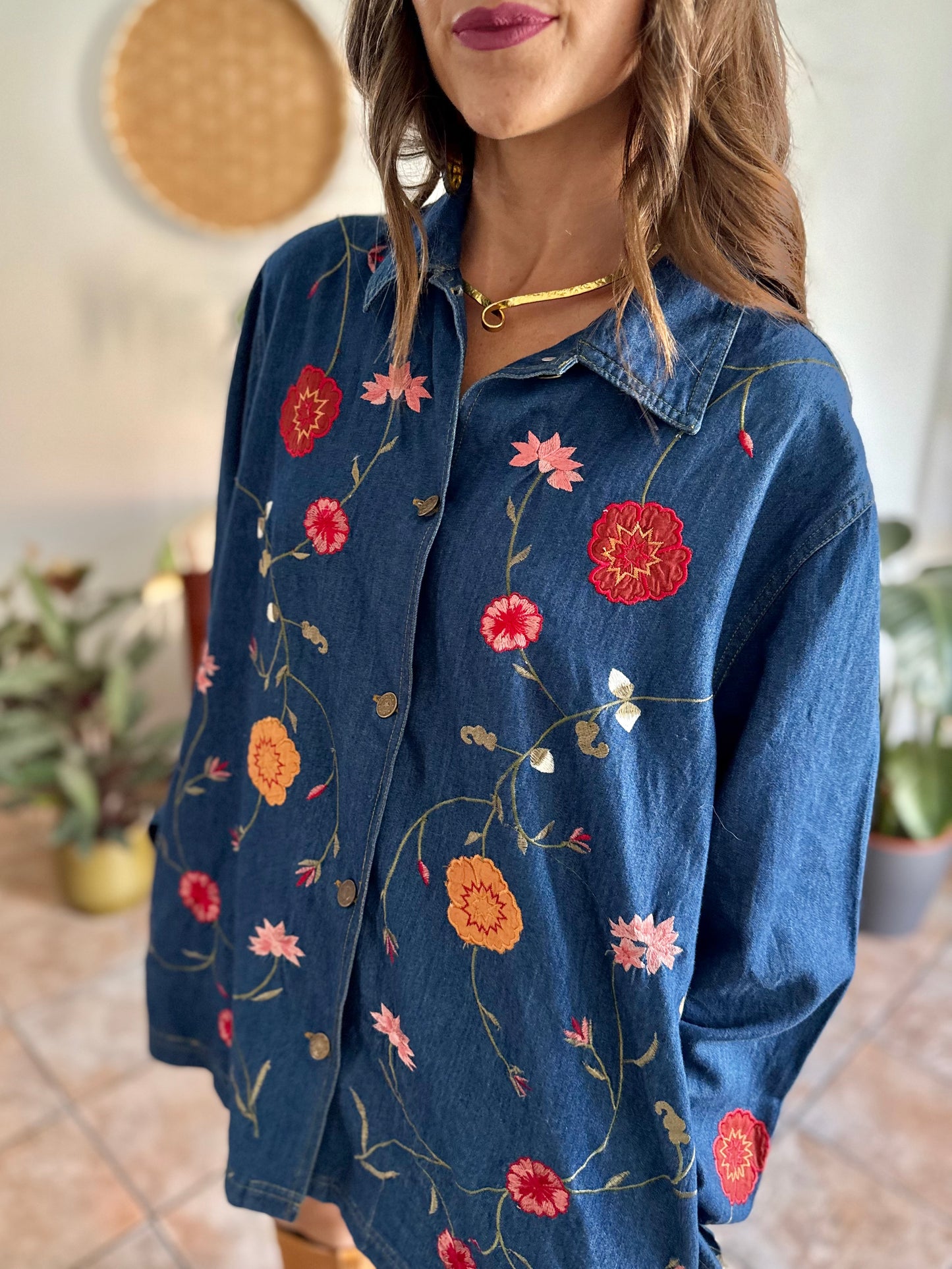 1990's vintage true blue button down denim mini dress with pink and burgundy floral embroidery