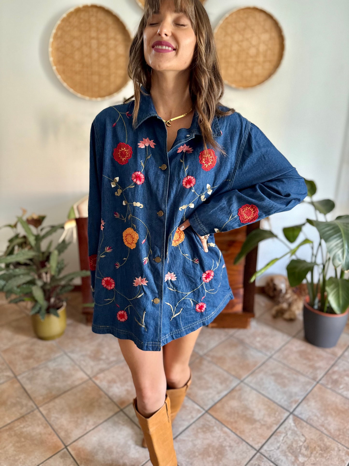 1990's vintage true blue button down denim mini dress with pink and burgundy floral embroidery