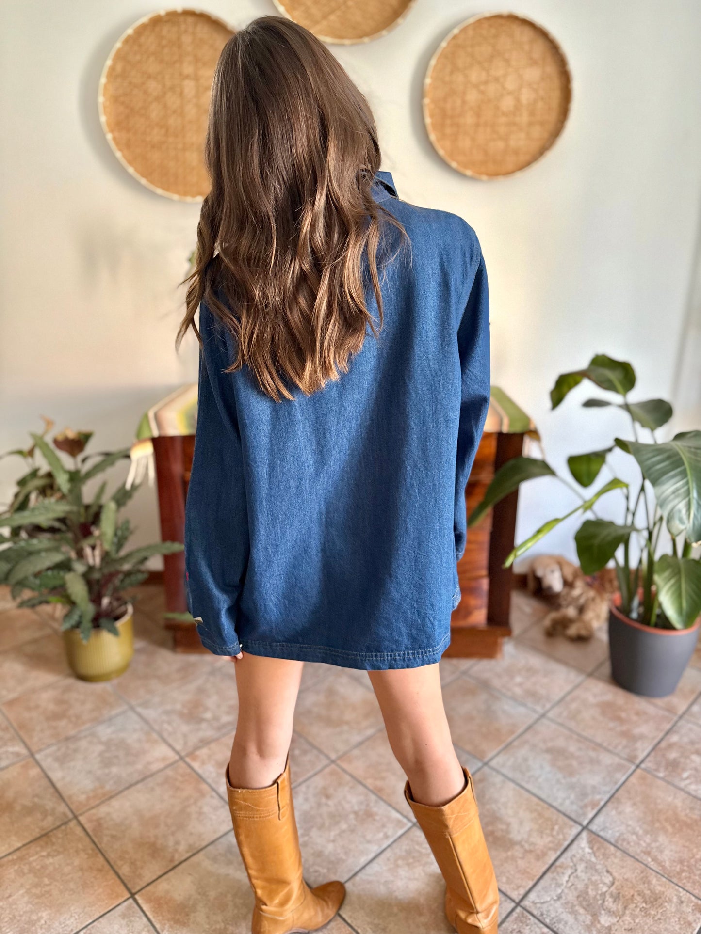 1990's vintage true blue button down denim mini dress with pink and burgundy floral embroidery