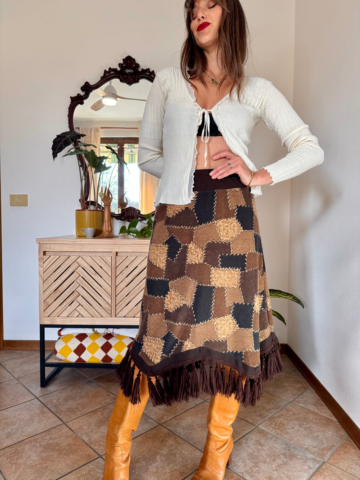 1970's vintage western style black and brown patchwork print midi skirt with fringe trim