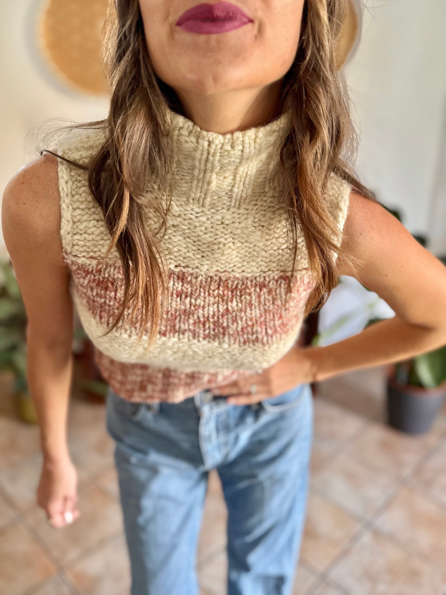 Y2k vintage cream and burgundy stripe knit cropped knit turtleneck