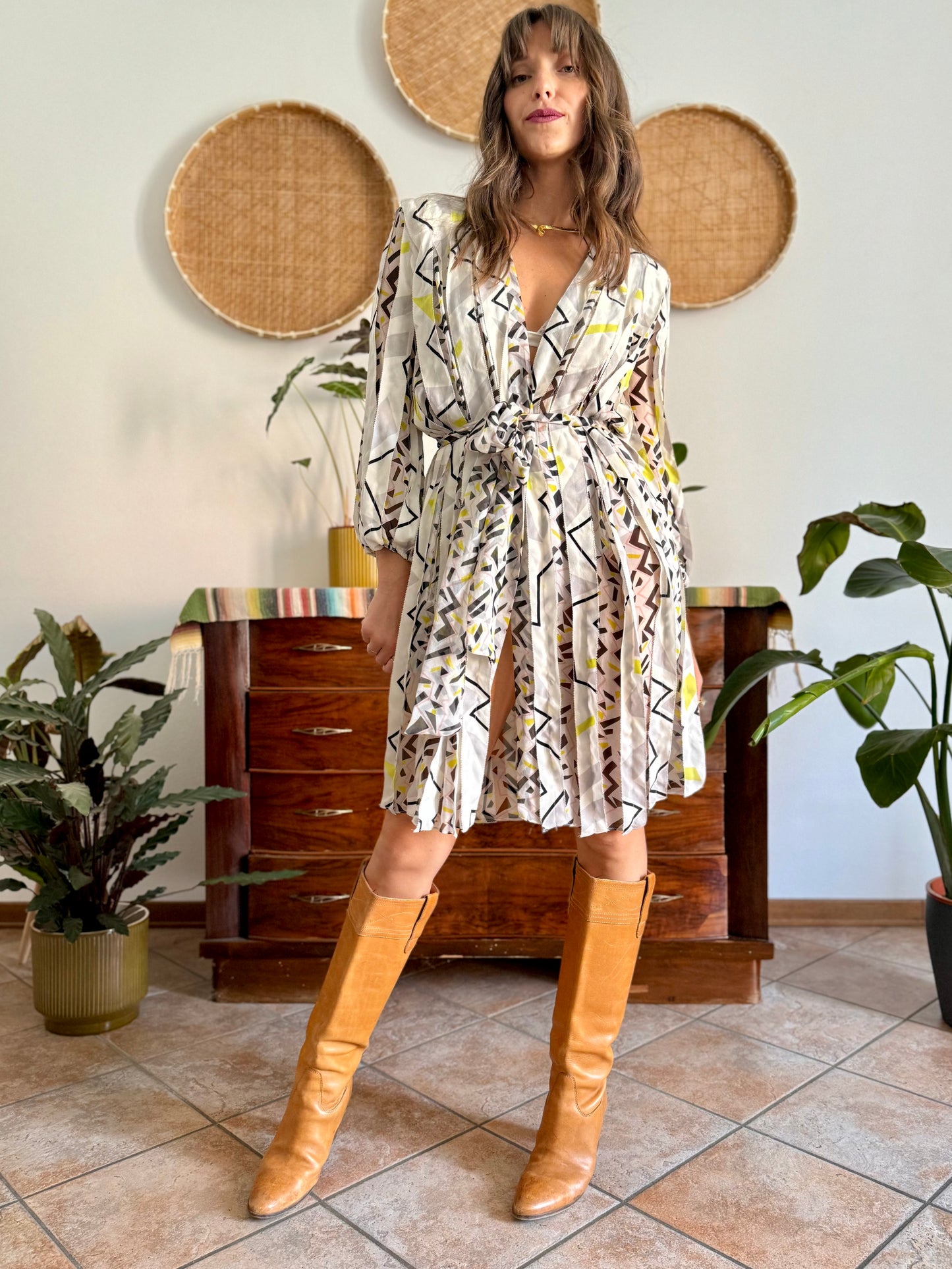 Y2k vintage cream silk texture wrap dress with pink, black and chartruse geometric print
