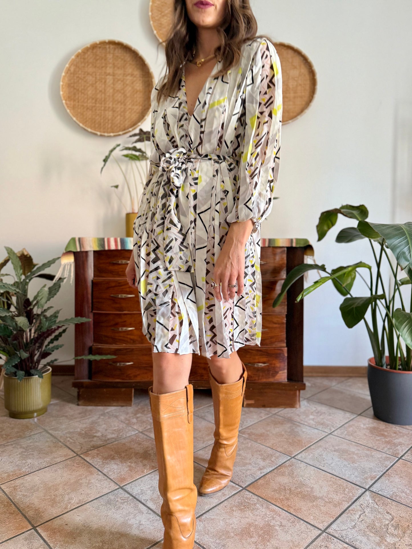 Y2k vintage cream silk texture wrap dress with pink, black and chartruse geometric print