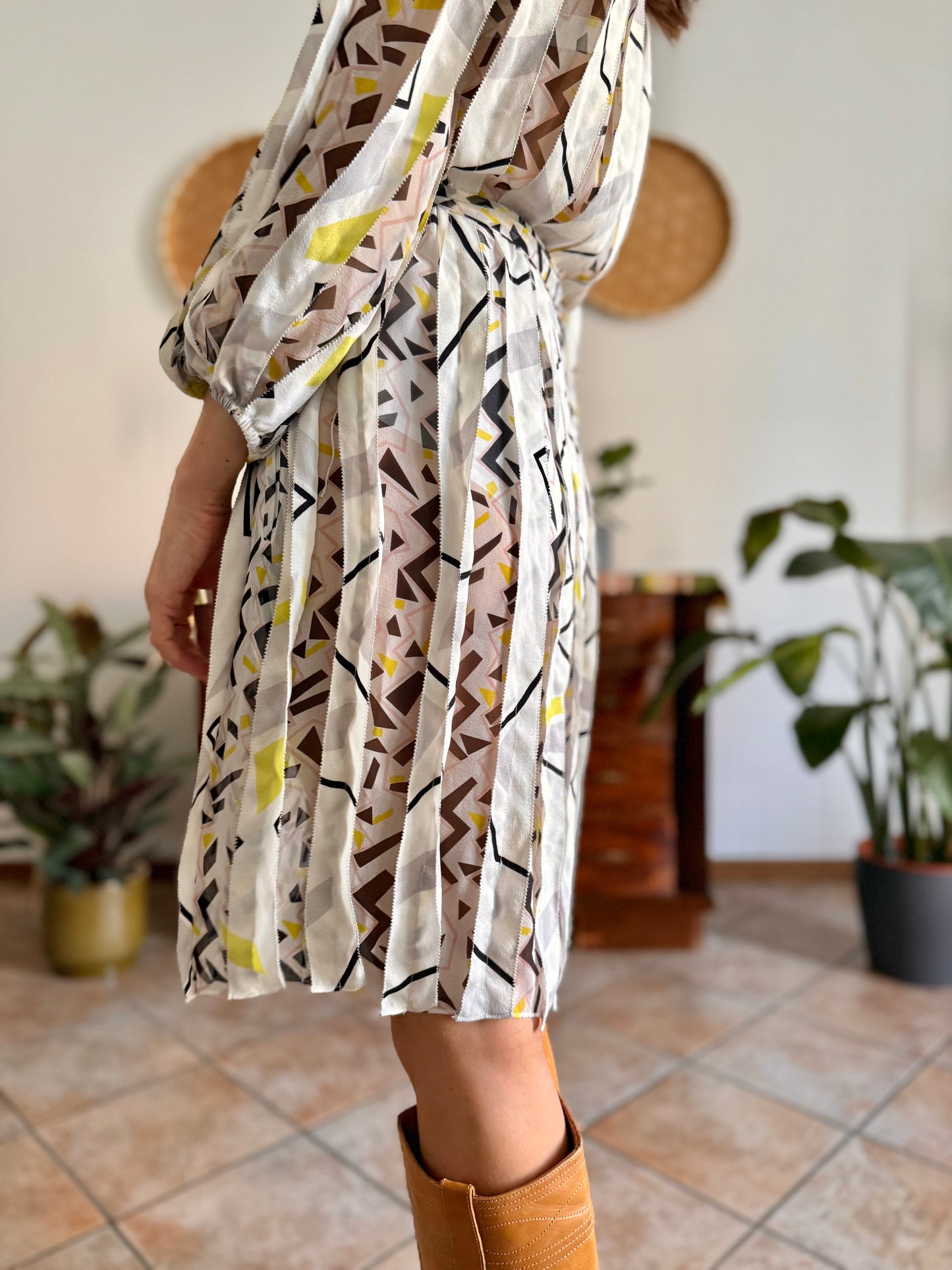 Y2k vintage cream silk texture wrap dress with pink, black and chartruse geometric print