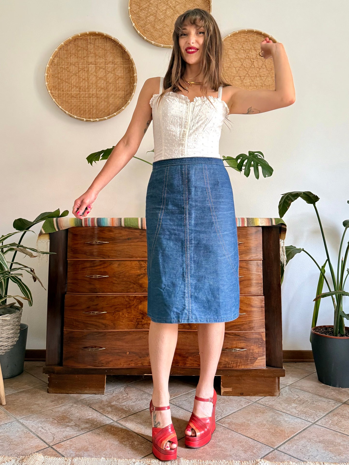 1970's vintage true blue denim midi skirt with yellow stitching