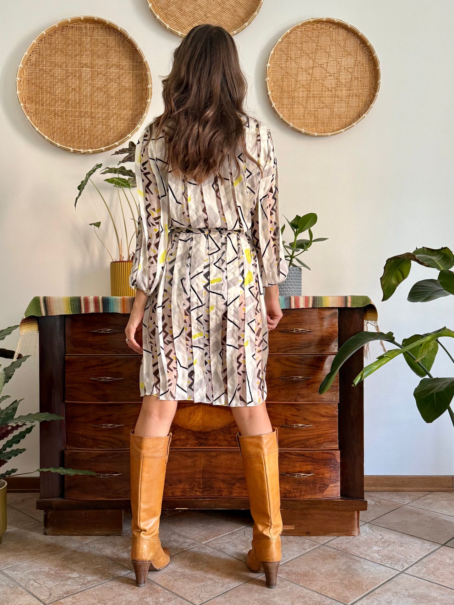 Y2k vintage cream silk texture wrap dress with pink, black and chartruse geometric print
