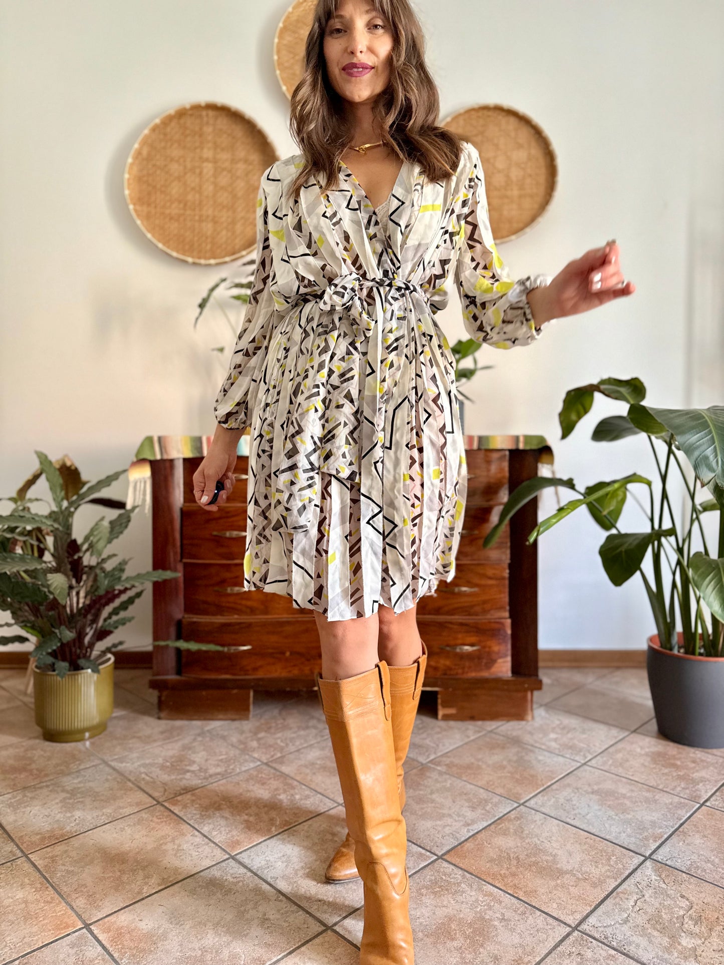 Y2k vintage cream silk texture wrap dress with pink, black and chartruse geometric print