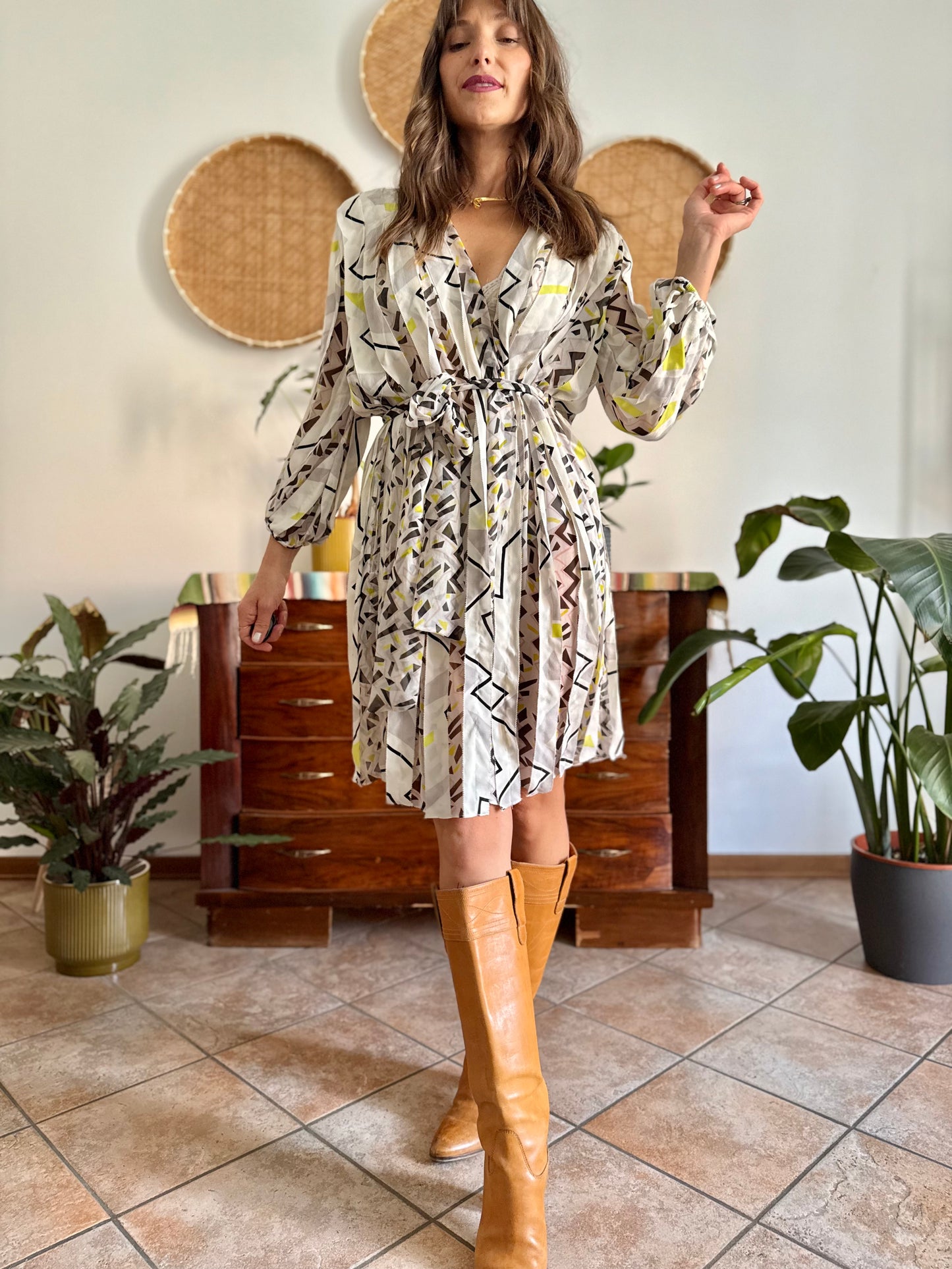 Y2k vintage cream silk texture wrap dress with pink, black and chartruse geometric print