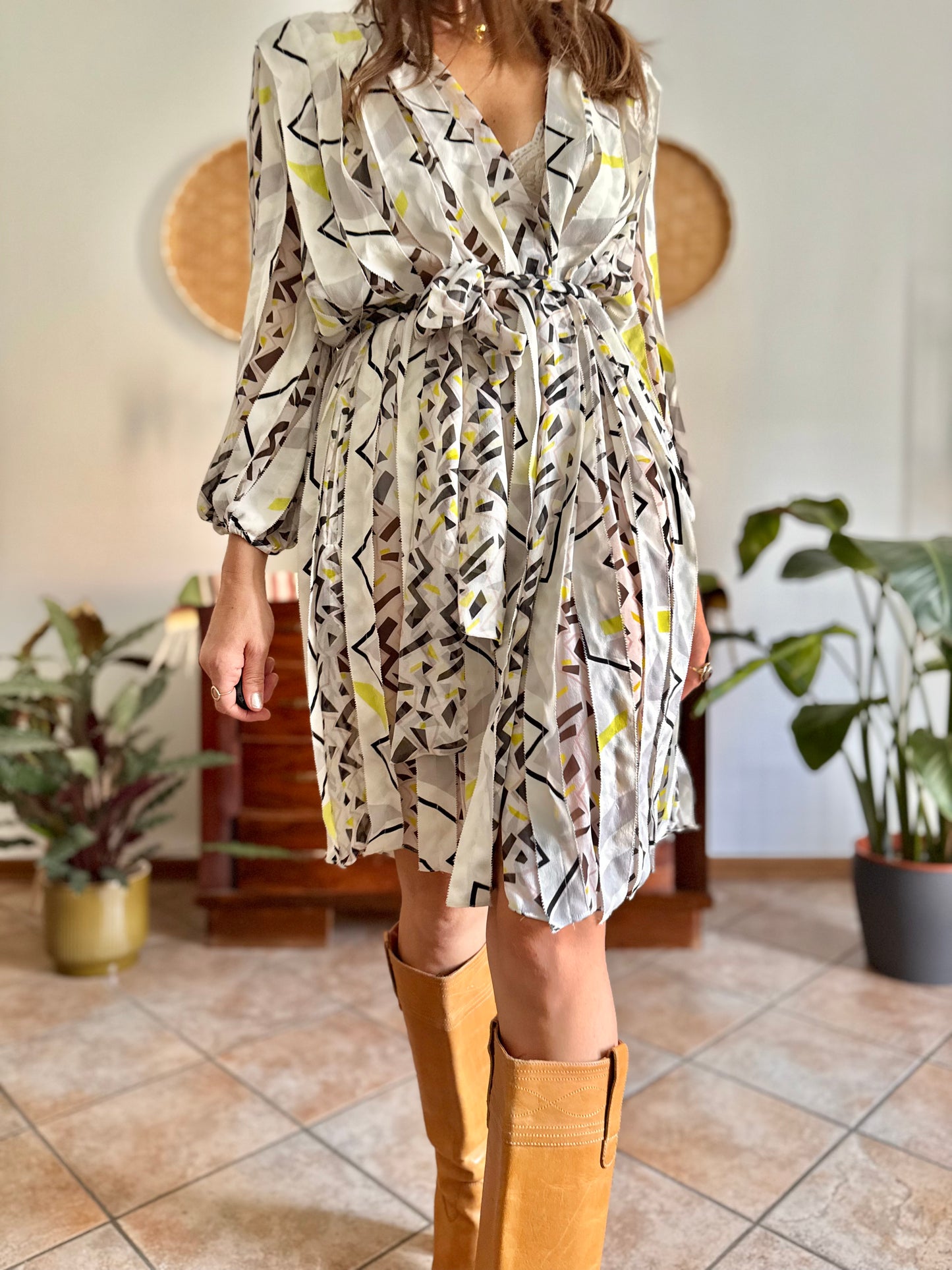 Y2k vintage cream silk texture wrap dress with pink, black and chartruse geometric print