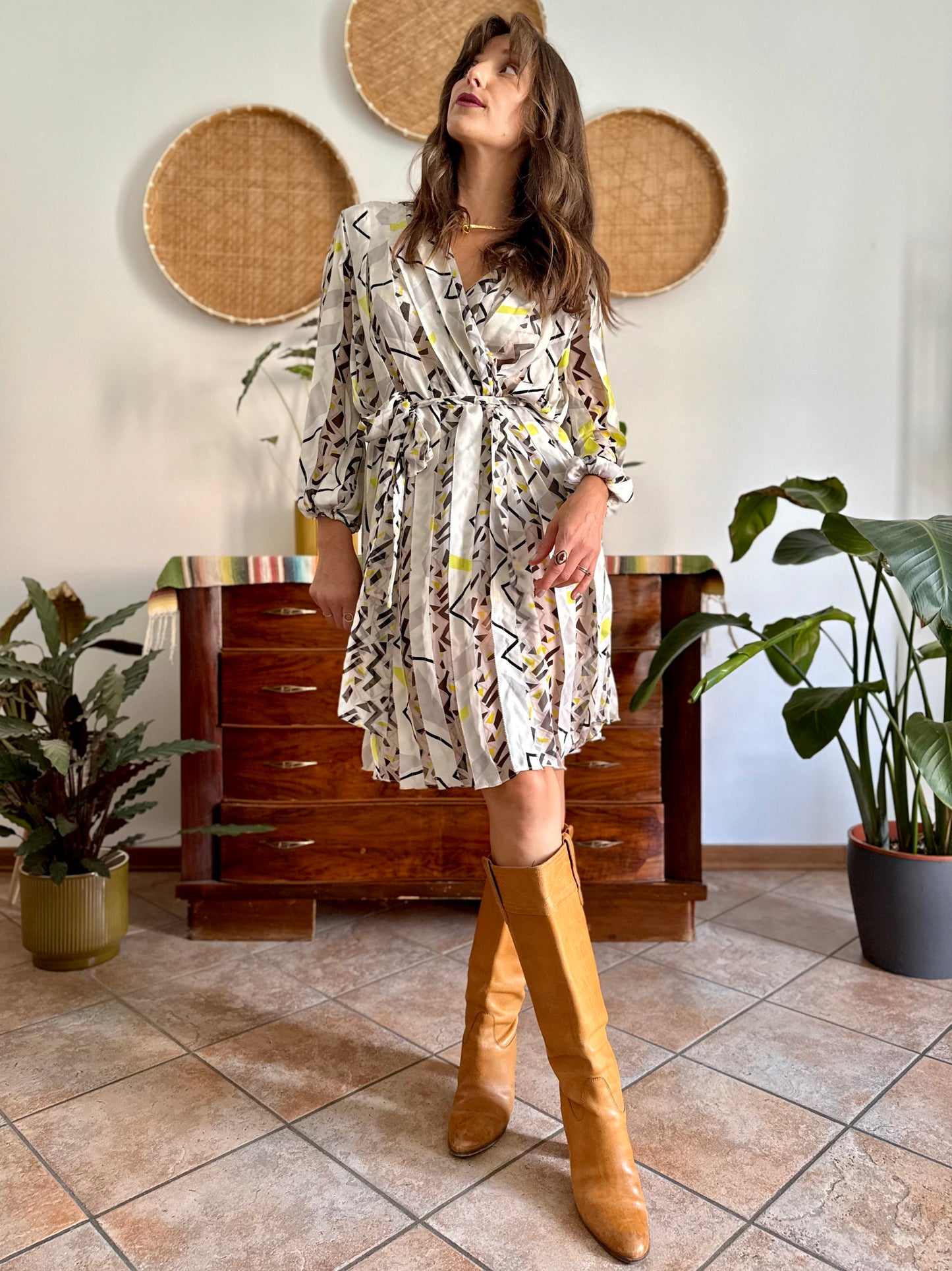 Y2k vintage cream silk texture wrap dress with pink, black and chartruse geometric print