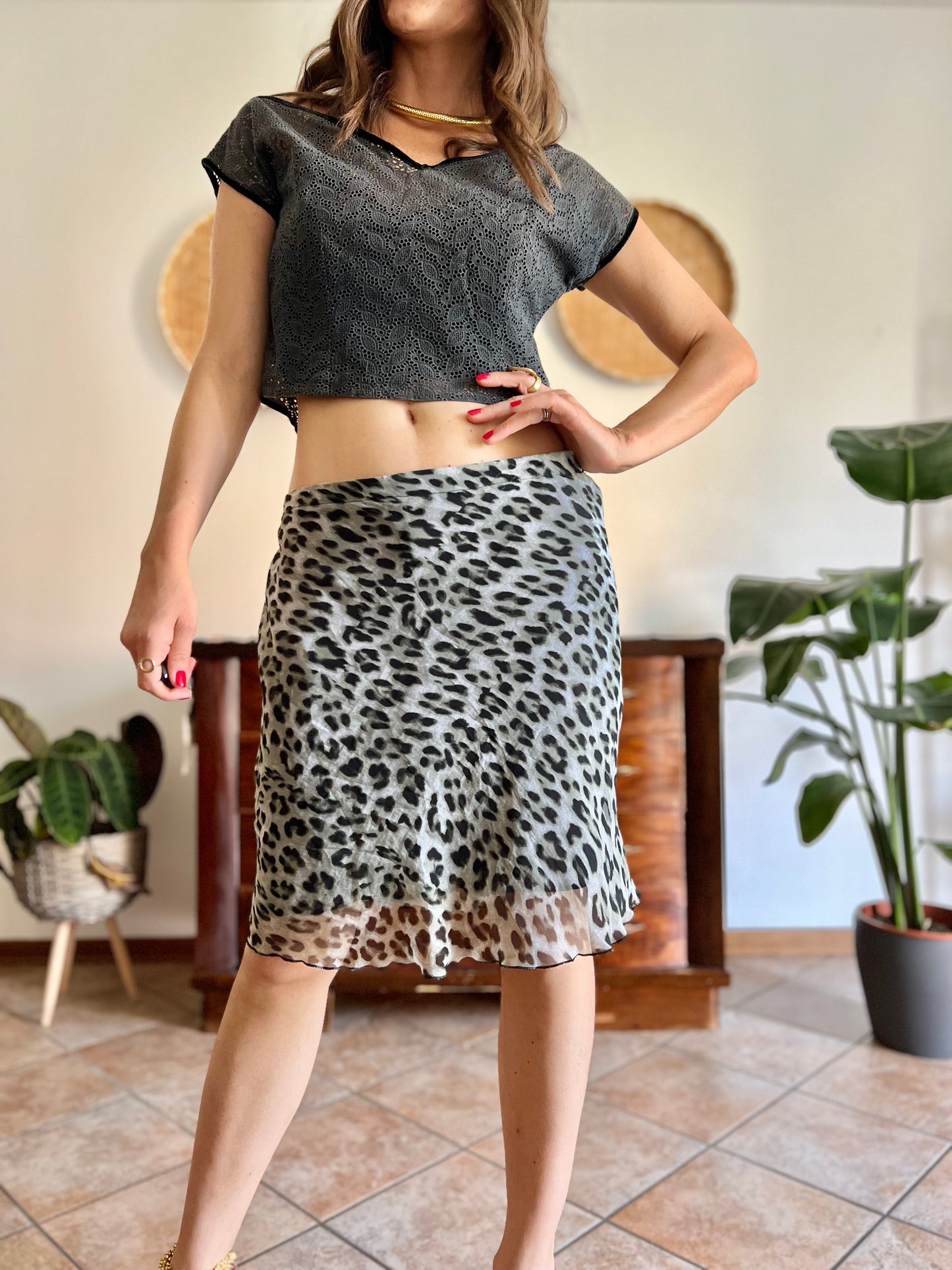 1990's vintage sheer grey and black animal print midi skirt