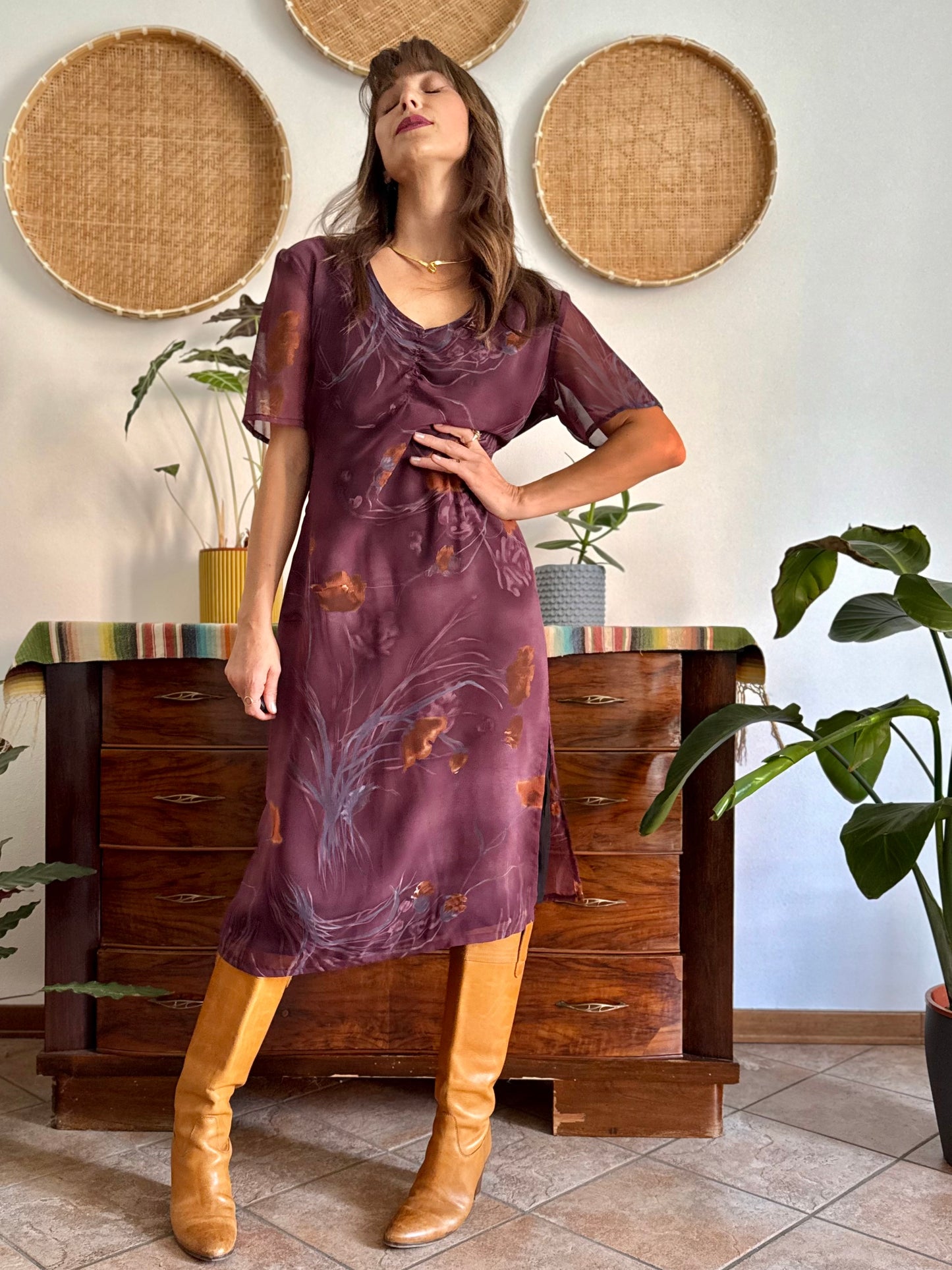 1990's vintage purple midi dress with orange and blue floral print