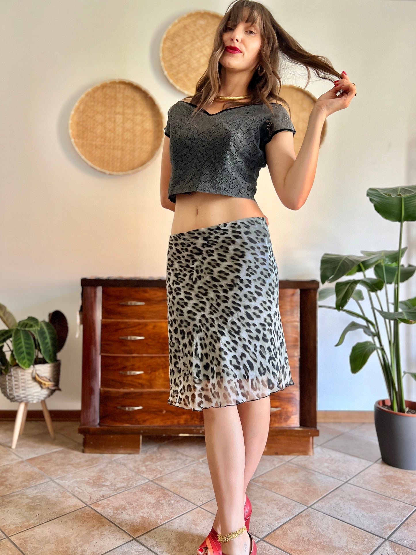 1990's vintage sheer grey and black animal print midi skirt