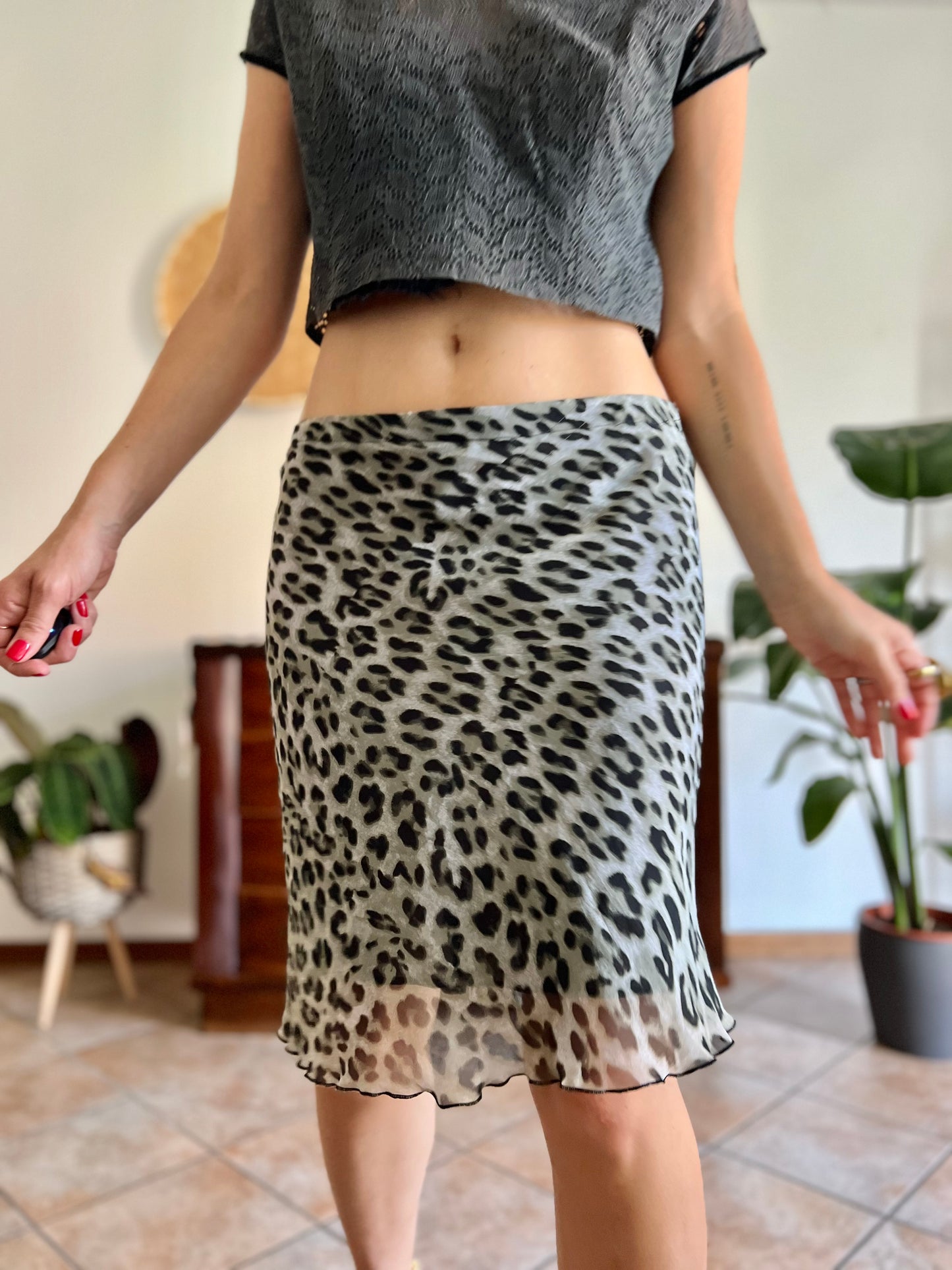 1990's vintage sheer grey and black animal print midi skirt