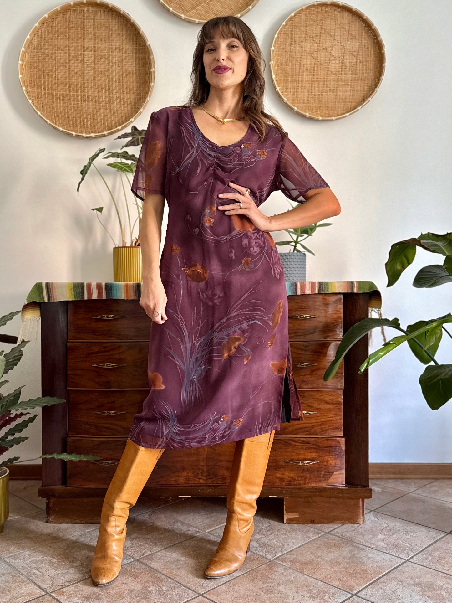 1990's vintage purple midi dress with orange and blue floral print