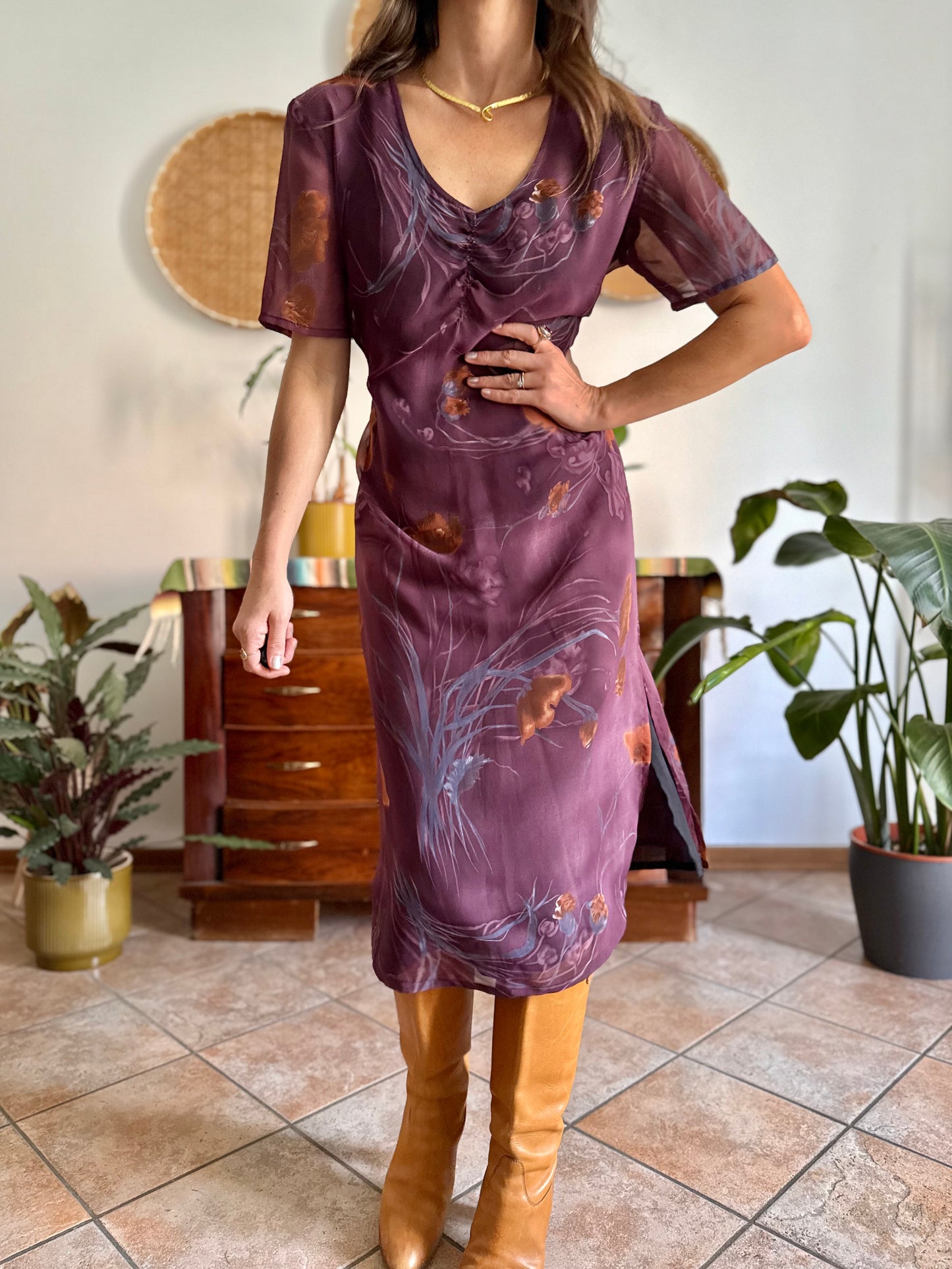 1990's vintage purple midi dress with orange and blue floral print