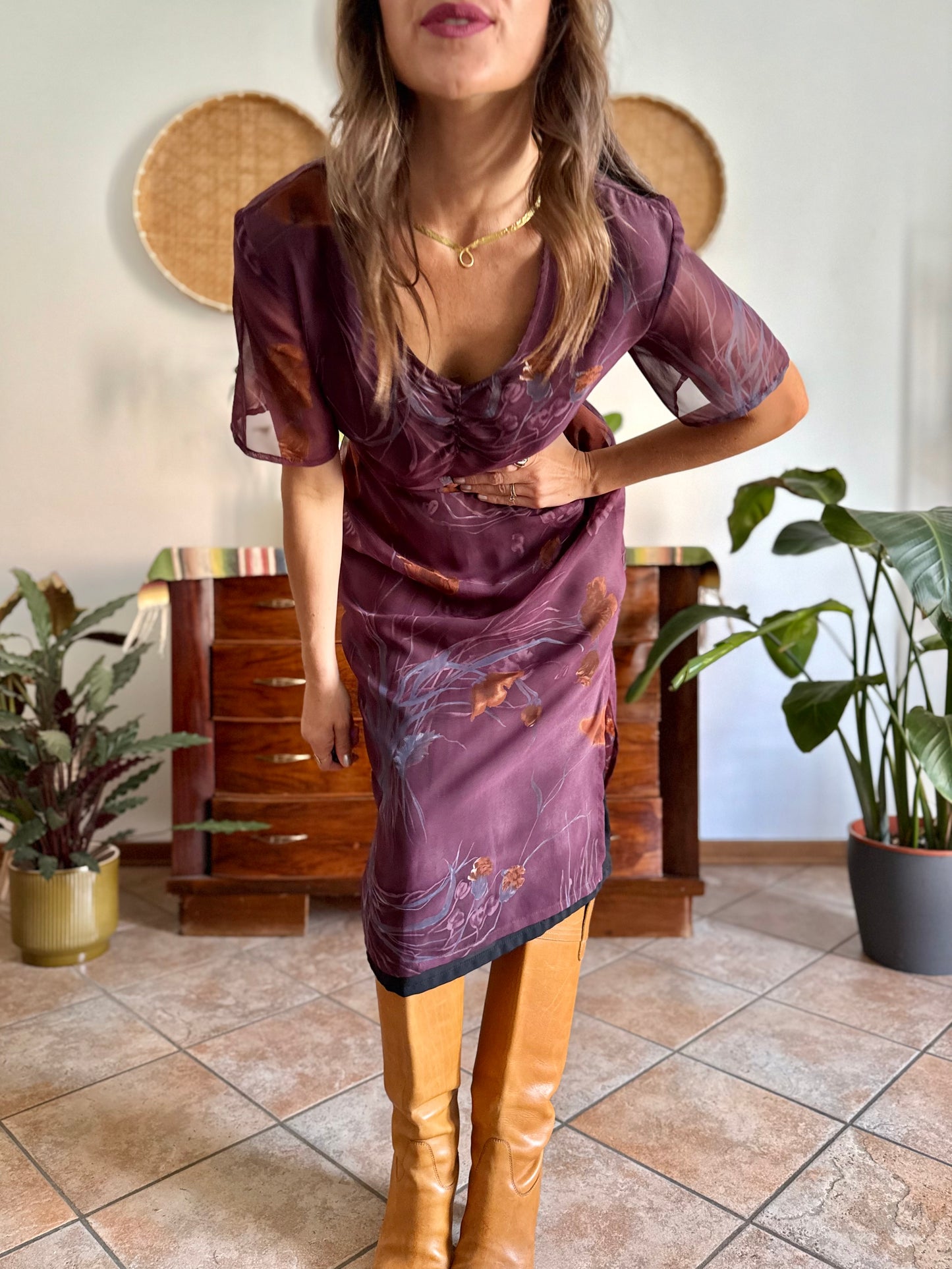 1990's vintage purple midi dress with orange and blue floral print