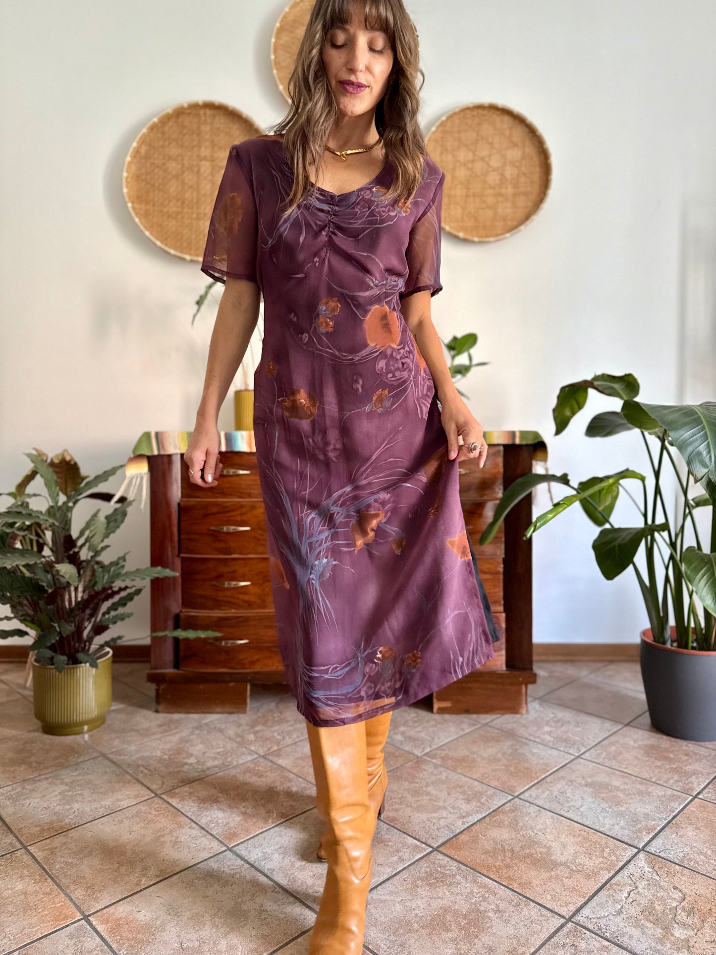 1990's vintage purple midi dress with orange and blue floral print