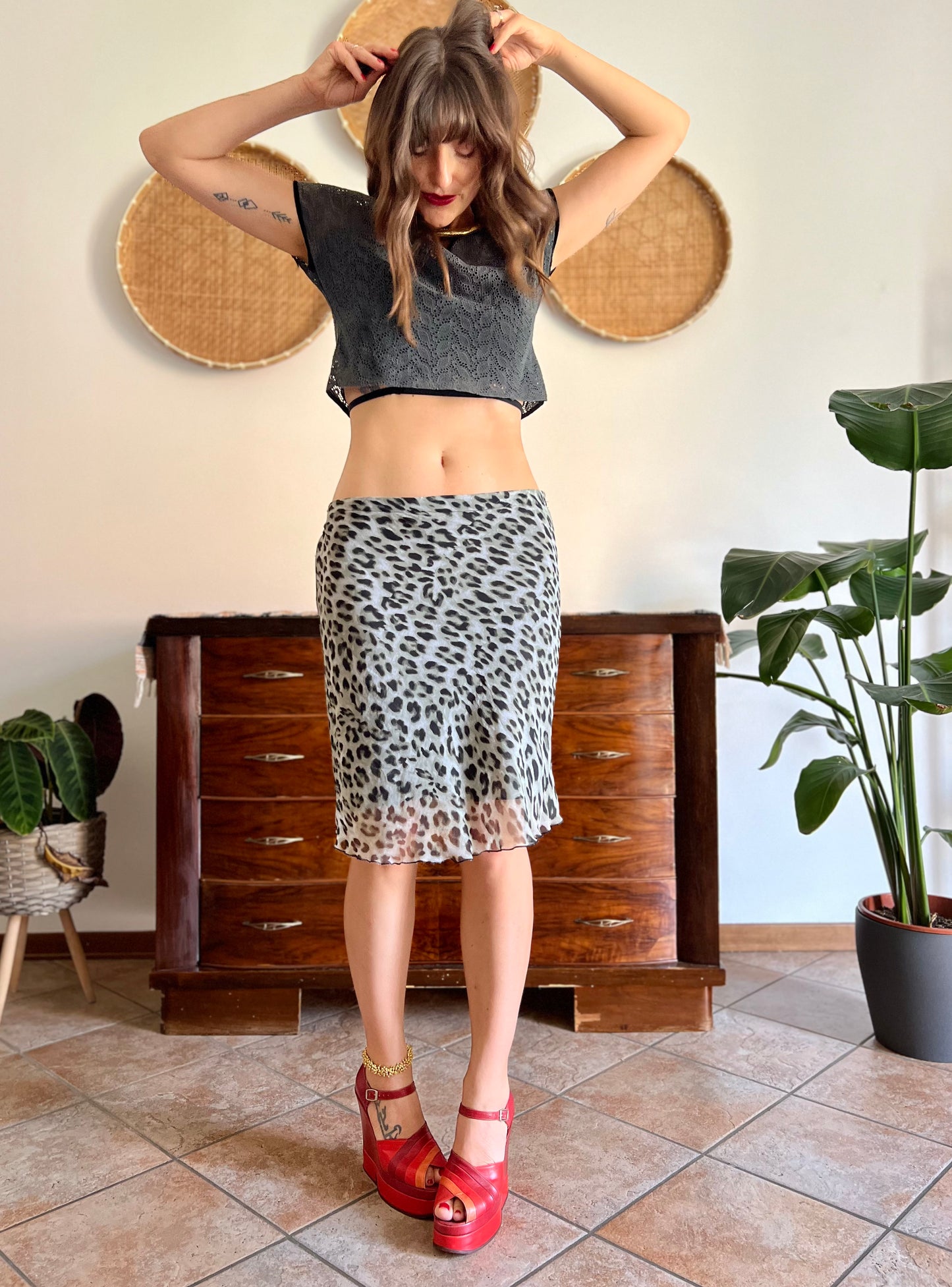 1990's vintage sheer grey and black animal print midi skirt