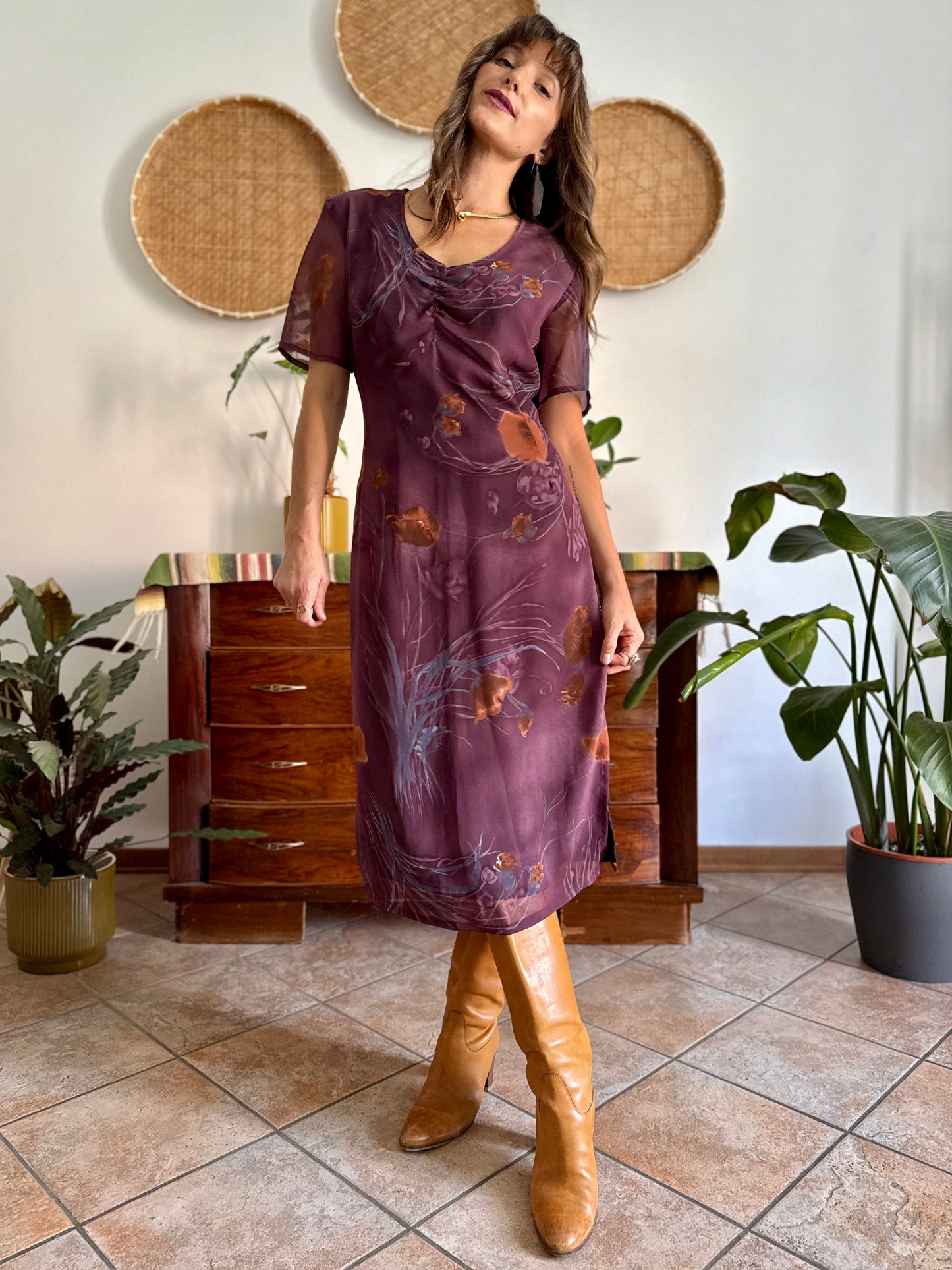 1990's vintage purple midi dress with orange and blue floral print