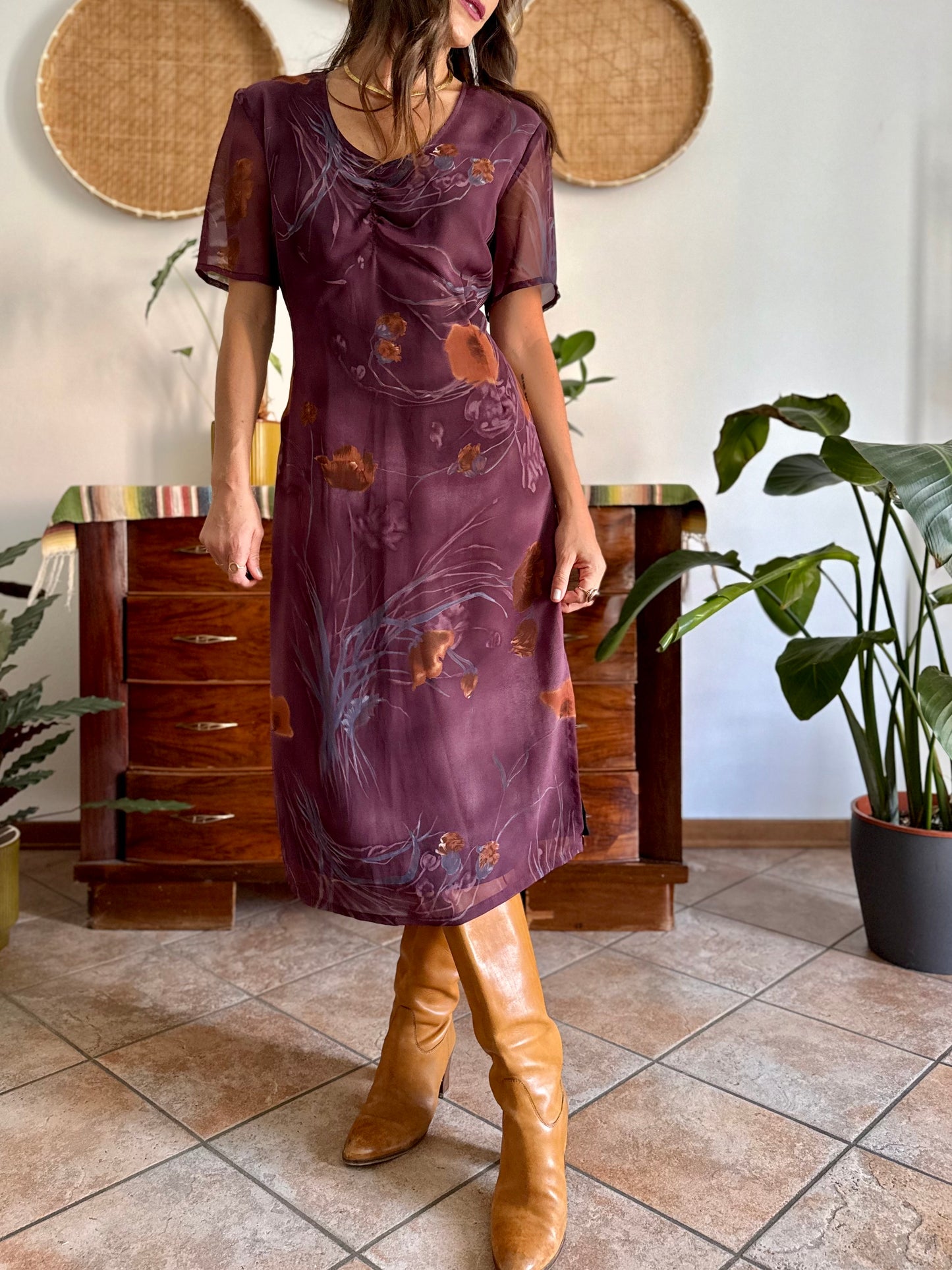1990's vintage purple midi dress with orange and blue floral print